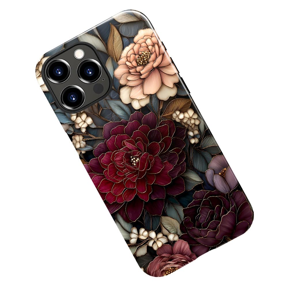 Case for iPhone 15 Pro,Stained Glass Vintage Floral Phone Case Military-Grade Drop Protection Cover for Women Girl - Glossy
