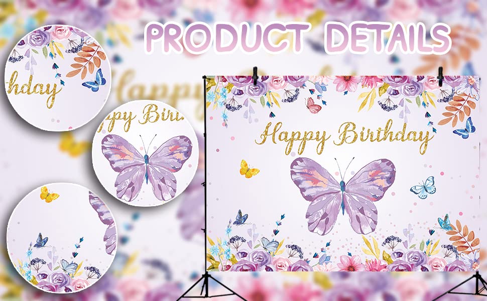 Purple Butterfly Birthday Backdrop Spring Pink Rose Floral Pastel Butterfly Photography Background Girls Princess Birthday Party