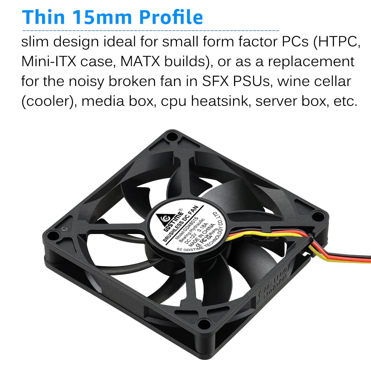 Gdstime 80Mm 12Volt Fans, 80Mm X 80Mm X 15Mm 8015 3Pin Dc Brushless Cooling Fan