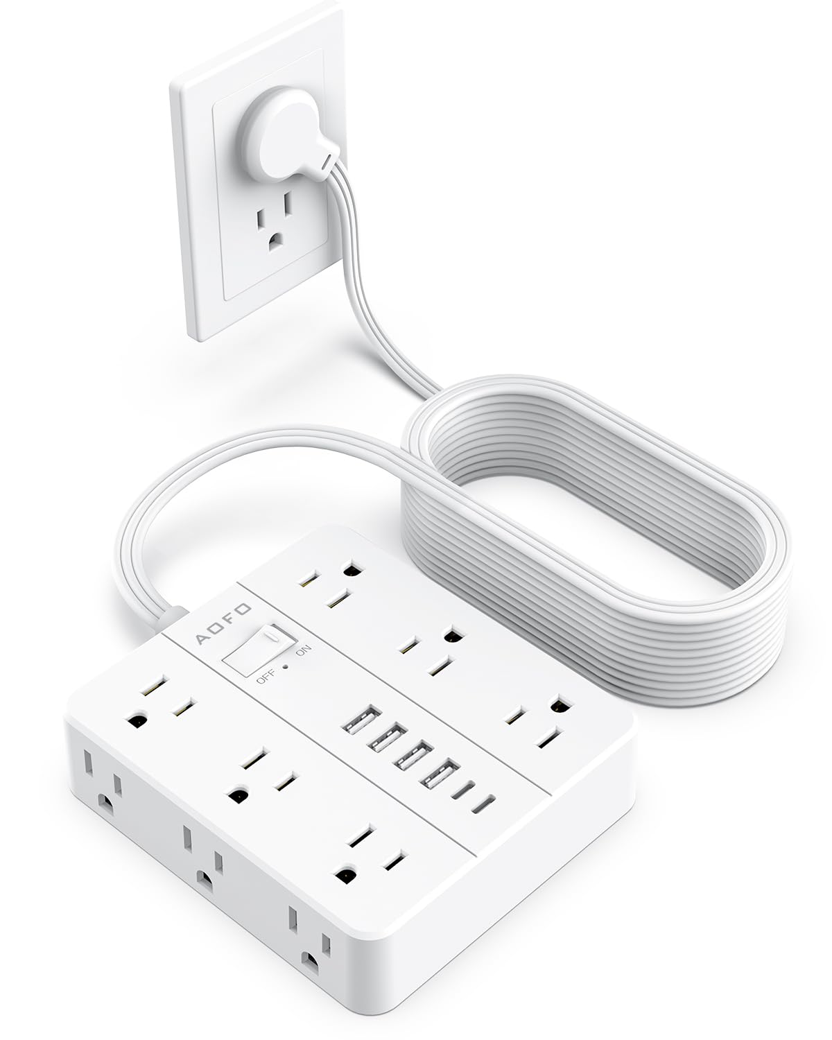 Aofo 20Ft Flat Plug Power Strip, Surge Protector Flat Extension Cord With 12 Ac Outlets And 6 Usb(2 Usb C) Ports, Wall Mount, Mu