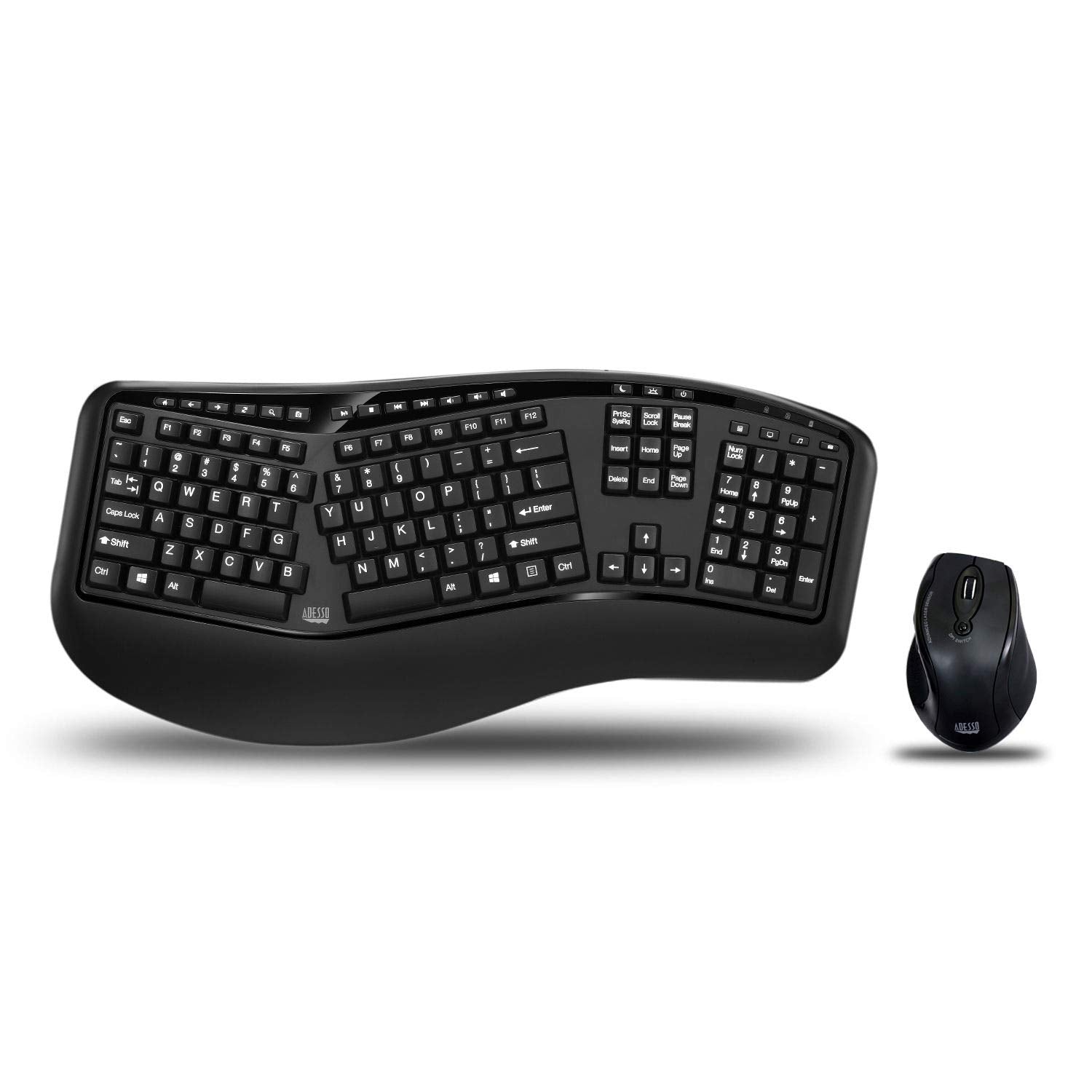 Adesso Wkb 1500Gb   Wireless Ergonomic Desktop Keyboard And Laser Mouse With Split Keys Design And Palm Rest For Comfort, Long B