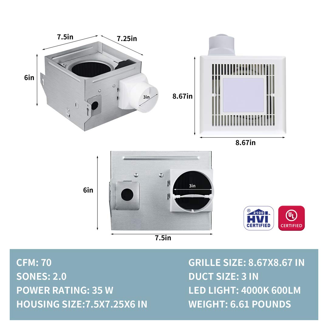 Tech Drive Very Quiet 70 Cfm, 2.0 Sone Bathroom Ventilation And Exhaust Fan With Led Light 4000K 600Lm(70Cfm),Ceiling Mounted Fa