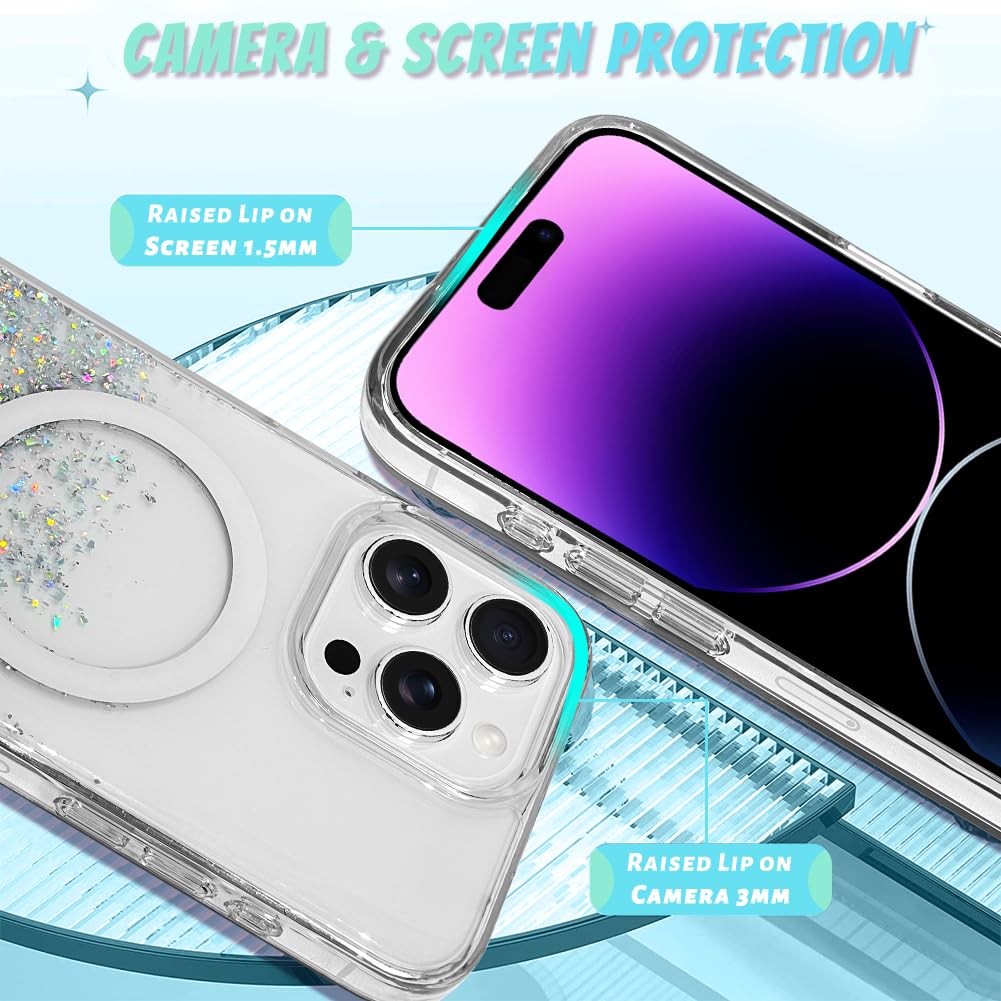 Bonoma For Iphone 14 Pro Case, Sparkly Glitter Bling Back, Magnetic Support For Magsafe Shockproof Case, Crystal And Clear High