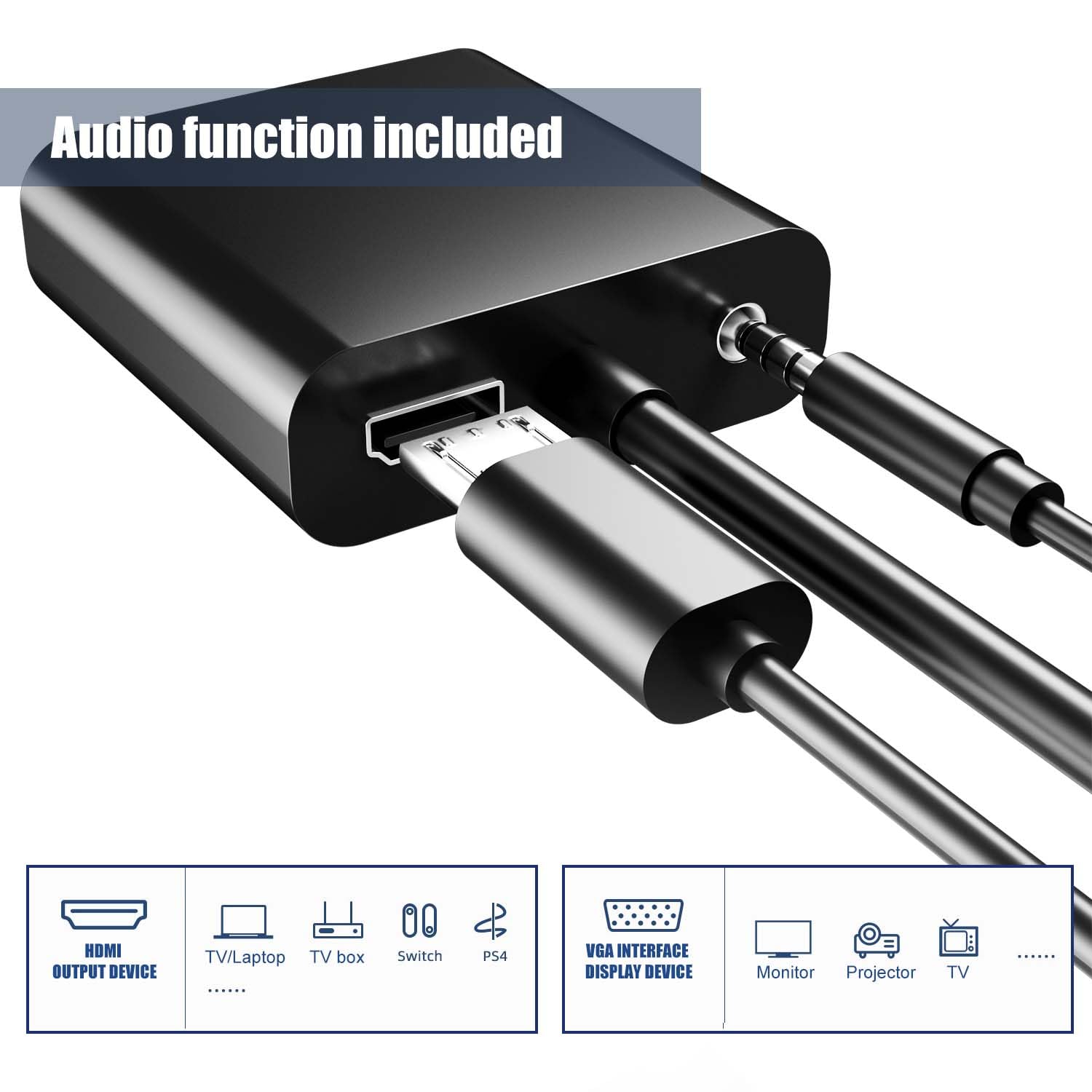 Panpeo Hdmi To Vga, Gold Plated Hdmi To Vga Adapter (Male To Female) Contain 3.5Mm Audio Port And Power Supply Port Computer, De