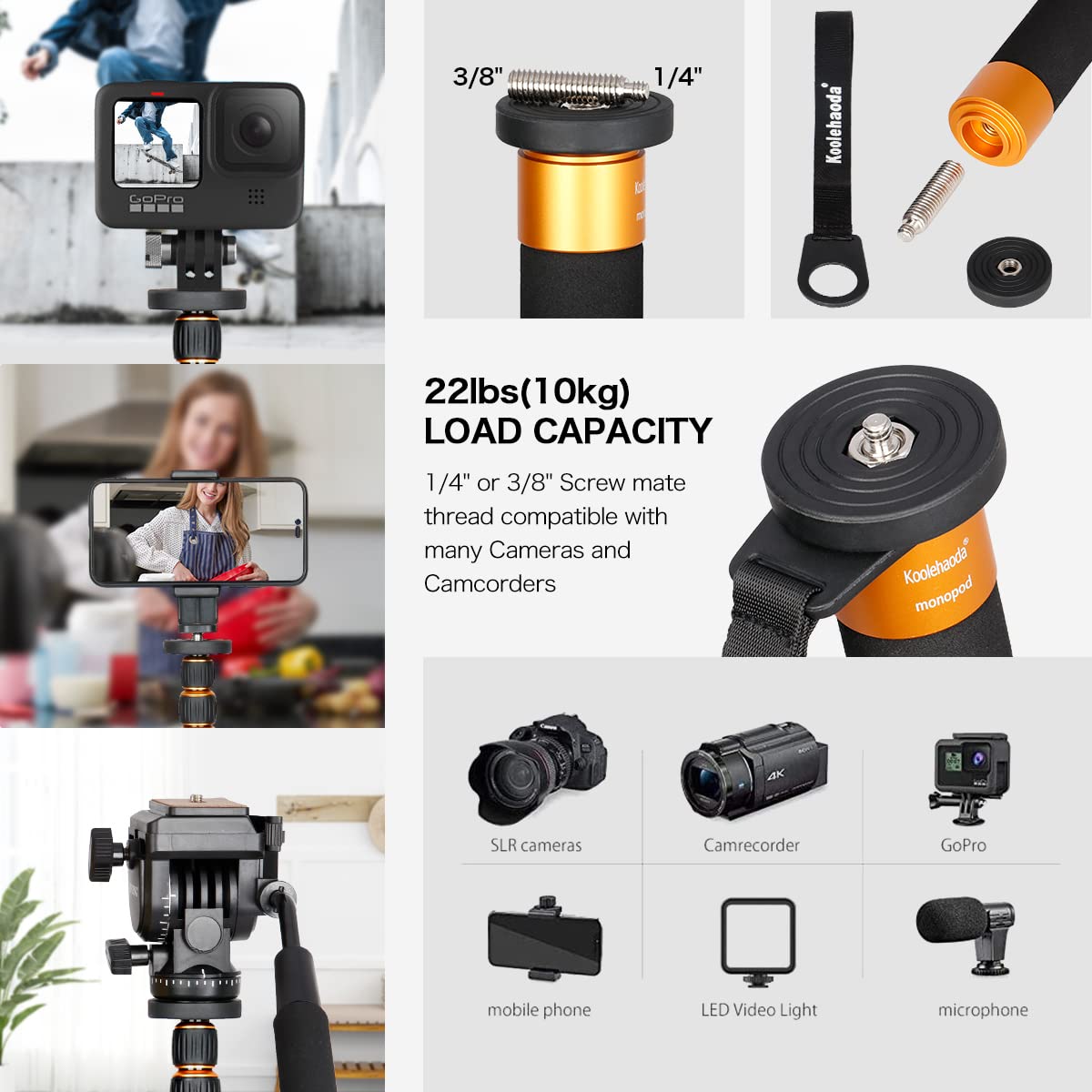 Koolehaoda Camera Aluminum Monopod With Metal Tripod Base.6 Sections 46 177Cm/18 69Inch Adjustable, Leg Diameter F28Mm,Up To 6Kg /13Lbs