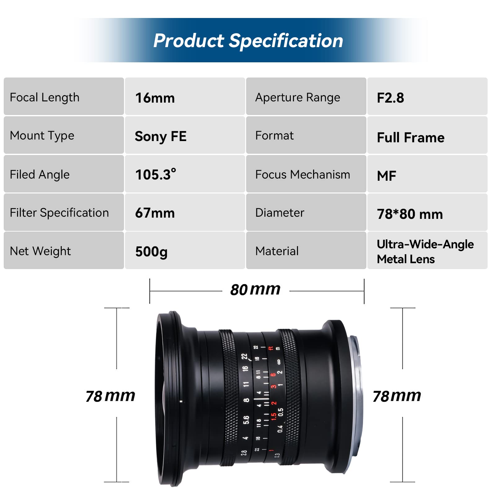 Brightin Star 16Mm F2.8 Full Frame Ultral Wide Angle Manual Focus Mirrorless Camera Lens, Fit For Sony Zv E10, A7Iv, A6400, A7Ii