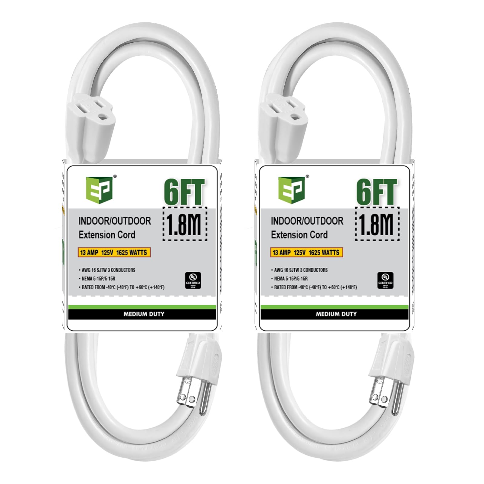 Ep 2 Pack 6 Ft Outdoor Extension Cord   16/3 Sjtw White Electrical Cable With 3 Prong Grounded Plug, Ul Listed