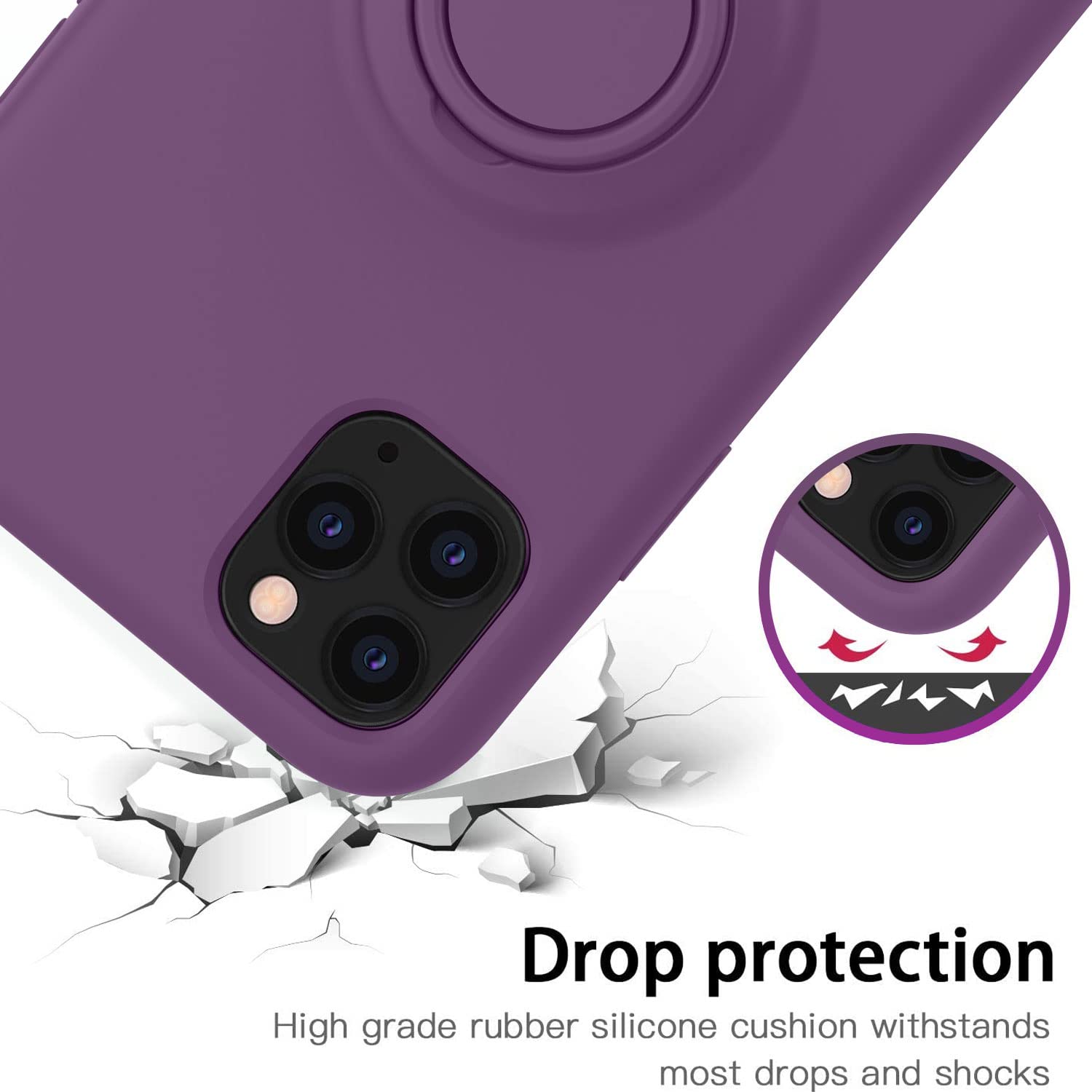 Thomo iPhone 11 Pro Max Phone Case Liquid Silicone Ring Holder Kickstand Full-Body Protective Grape