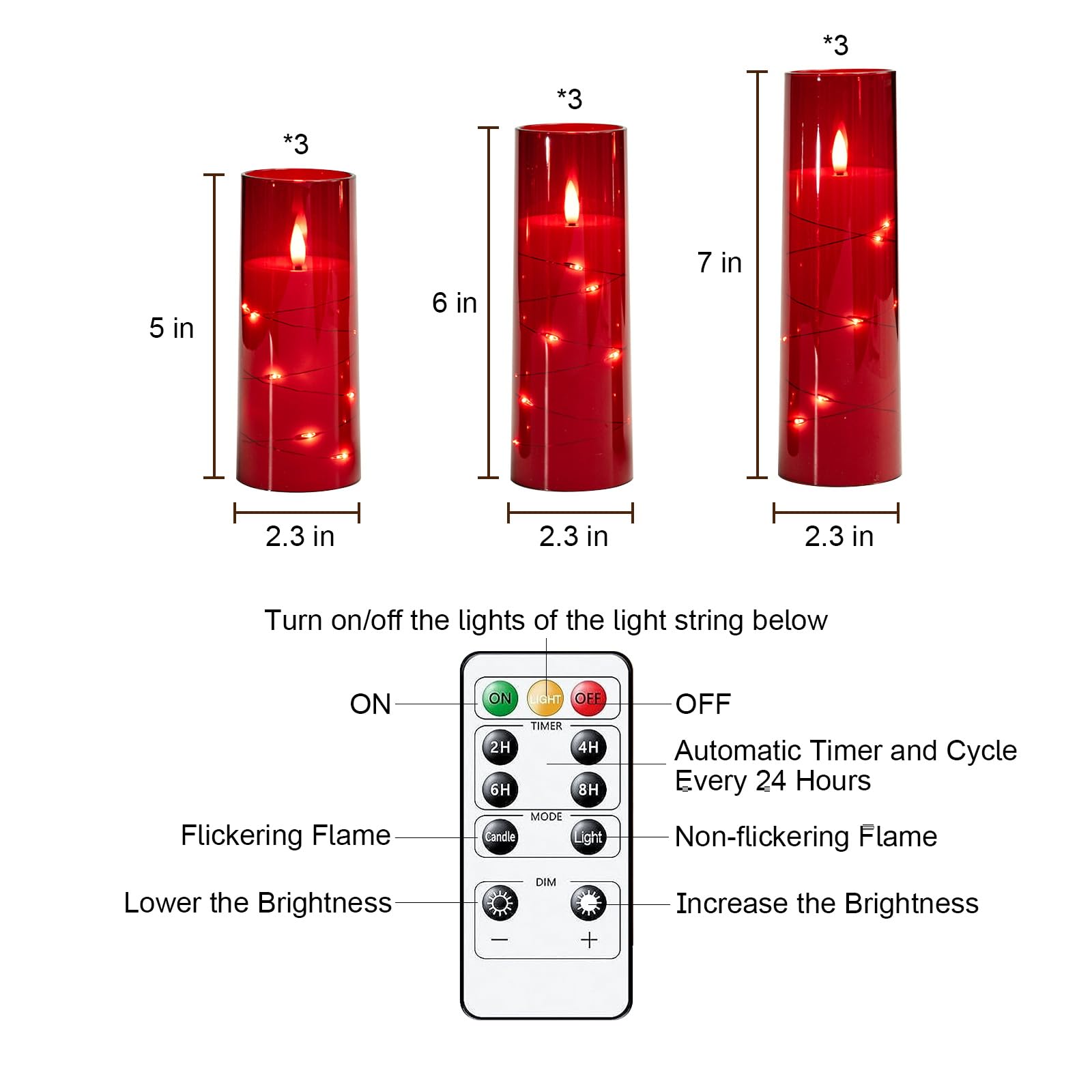 Raycare Flameless Candles With Embedded Star String, 9 Pcs Battery Operated Acrylic Pillar Candles With Timer And Remote, Led Ca