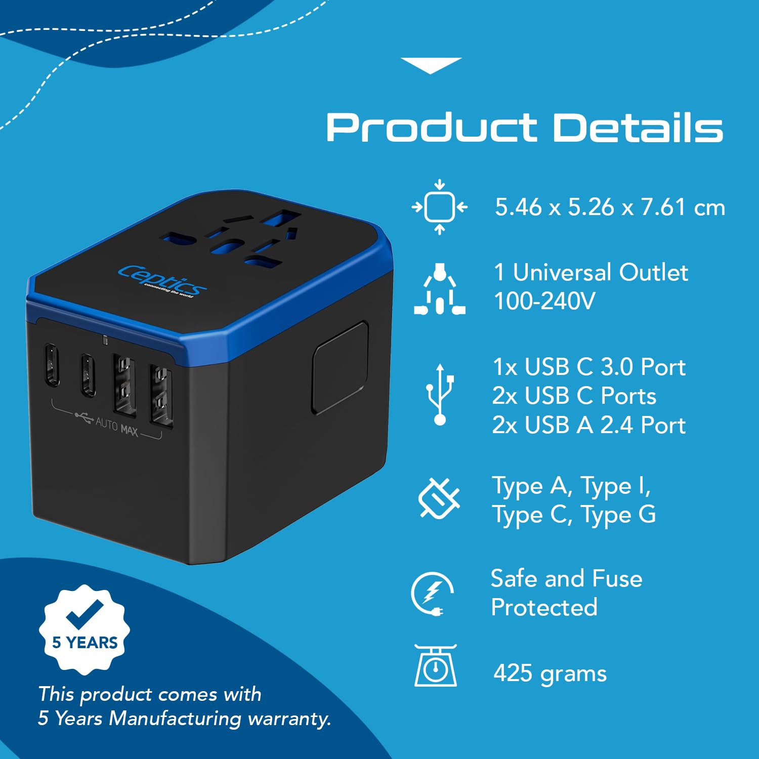 Ceptics 70W World International Travel Plug Adapter   Powerful Gan Tech With Pd & Qc 3.0 Dual 3X Usb C Power   2 Usb Ports Wall Charger Type I C G A Outlets 110V 220V A/C   Eu Euro Us Uk (70 Ku)