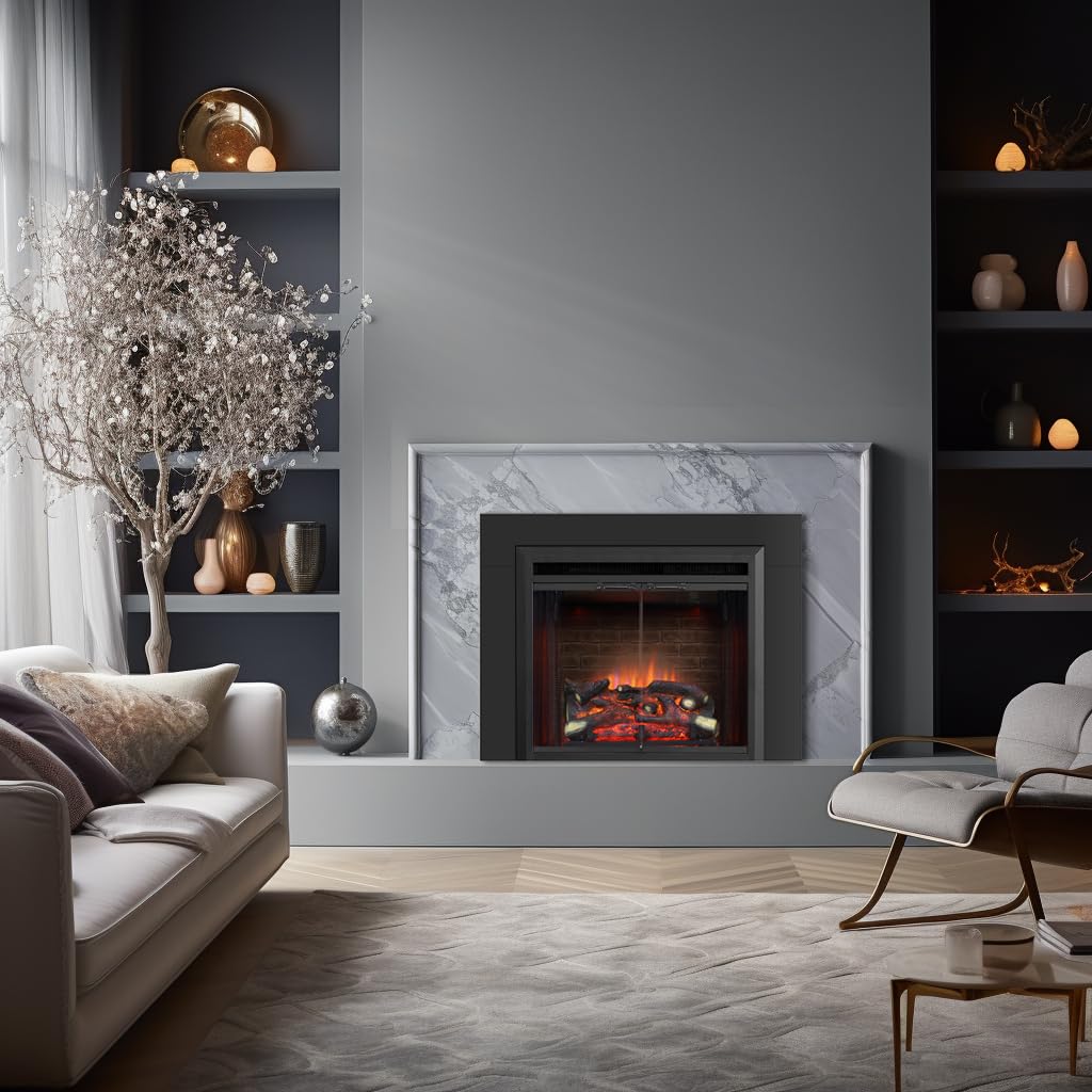 Puraflame Klaus 26    Electric Fireplace Insert With Trim Kit, Fire Crackling Sound, Resin Log, Glass Door And Mesh Screen, 750/