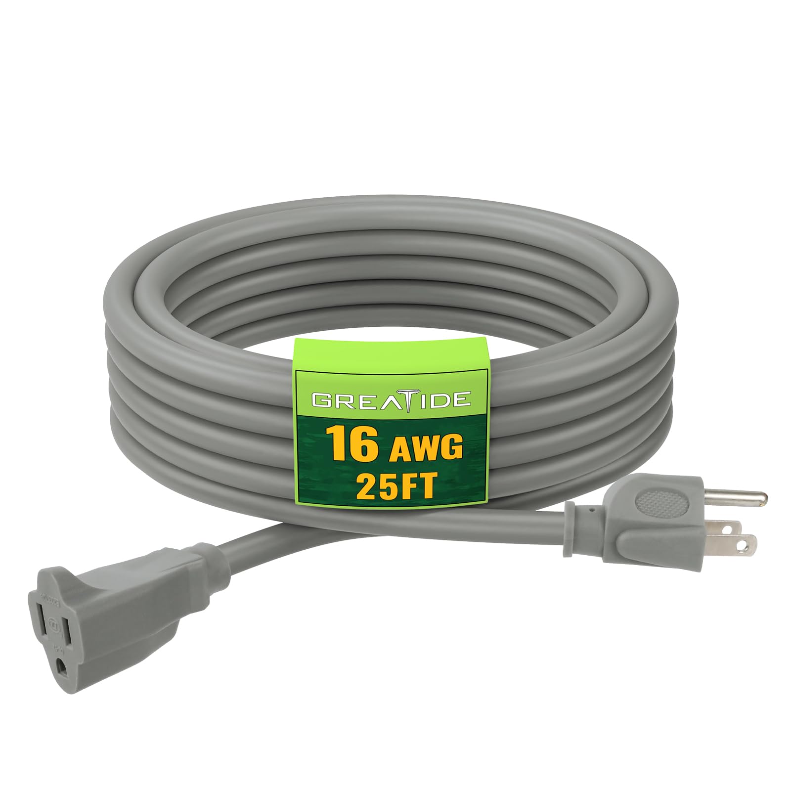 Greatide Indoor Outdoor Extension Cord 25 Ft, 16/3 Sjtw Weatherproof Grey Electrical Cords, 13 Amp Heavy Duty 3 Prong Power Cabl