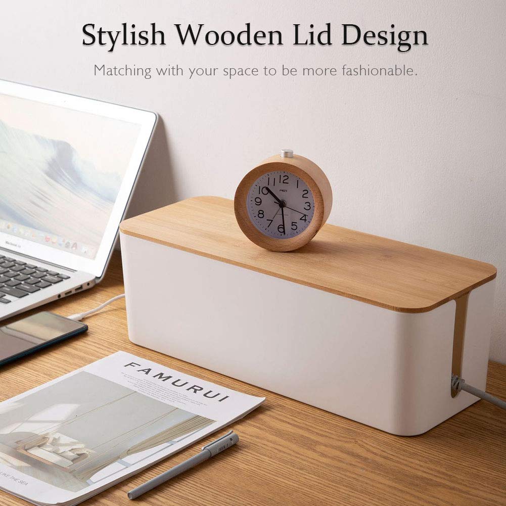 Powerking Cable Management Boxes Organizer, Bamboo Lid, Large Storage Wires Keeper Holder For Desk, Tv, Computer, Usb Hub, Syste
