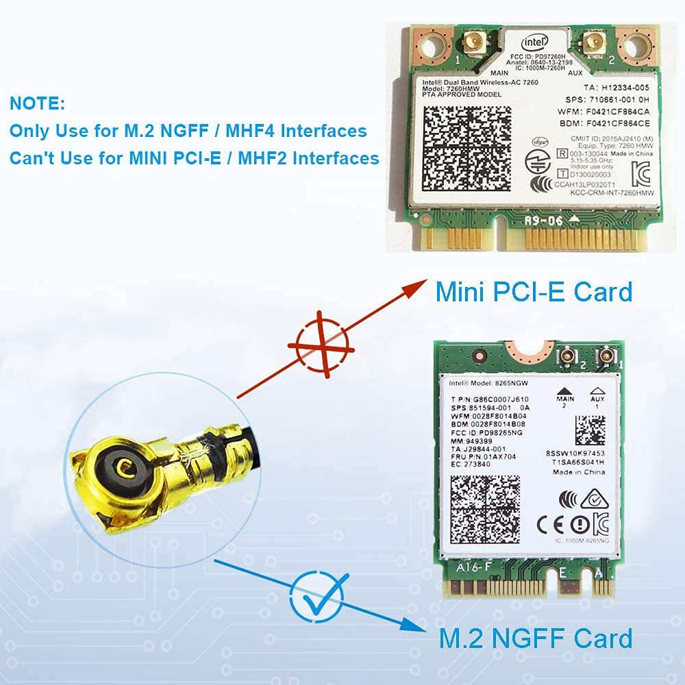 Bingfu M.2 Wifi Antenna 2.4Ghz 5Ghz 5.8Ghz 3Dbi Mimo Rp Sma Male (2 Pack) + 2 X 12 Inch Ngff Ipex4 To Rp Sma Cable For M.2 Ngff