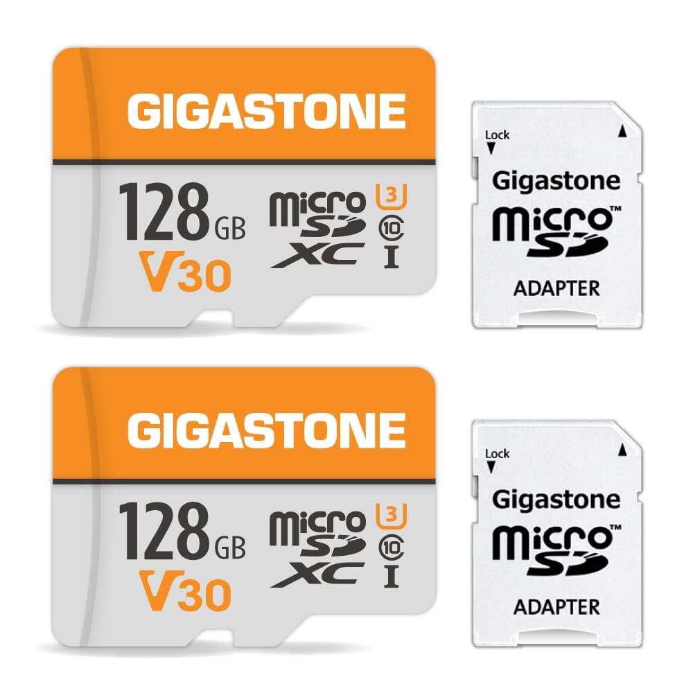 GIGASTONE 128GB 2 Pack Micro SD Card, 4K Video Pro, Compatible with GoPro, Security Camera, Dash cam, Drone, 95MB/s MicroSDXC Memory Card UHS I V30 Class 10, with 2 SD Adapter