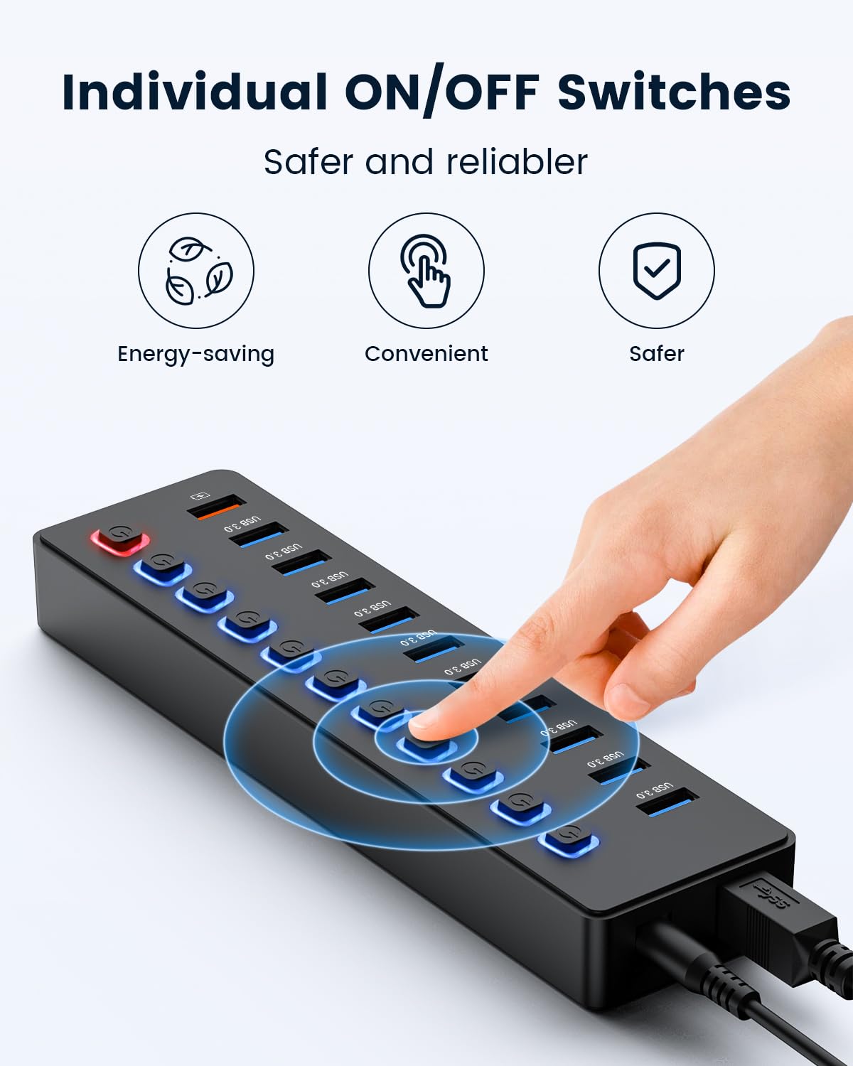 Usb Hub,Powered Usb Hub, 11 Port Hub Splitter,10 Usb 3.0 Data Transfer Port + 1 Smart Charging Port,Independent Switch (With Led