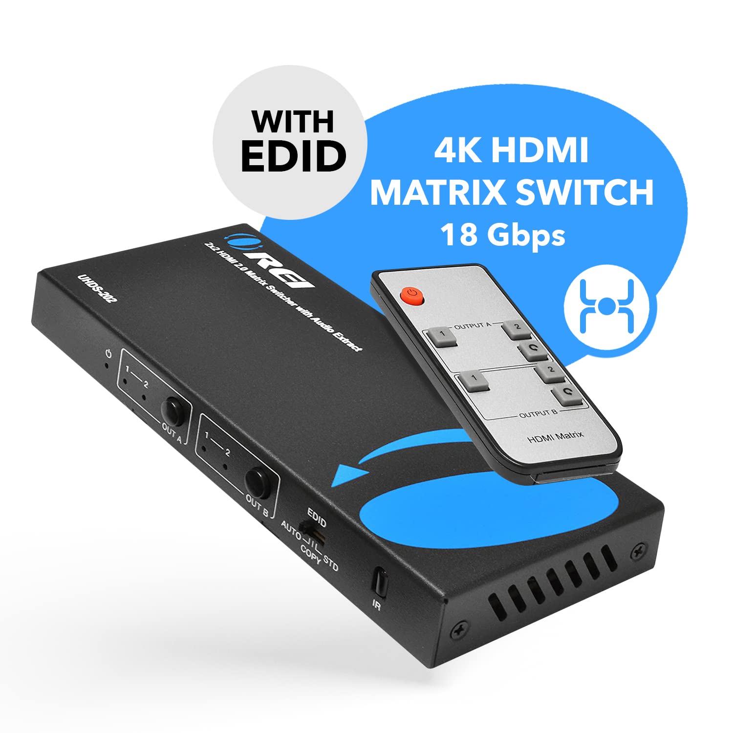 Orei 4K Hdmi Matrix Switch 2 X 2, Switcher 18G Ultrahd Supports Upto 4K @ 60Hz & 1080P Ir Edid Hdcp 2.  Remote Control (Uhds 202