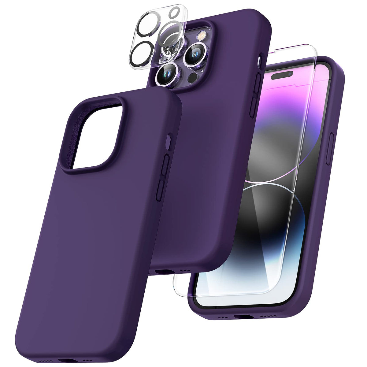 Tocol 5 In 1 For Iphone 14 Pro Case, With 2 Pack Screen Protector + 2 Pack Camera Lens Protector, Liquid Silicone Phone Case 61