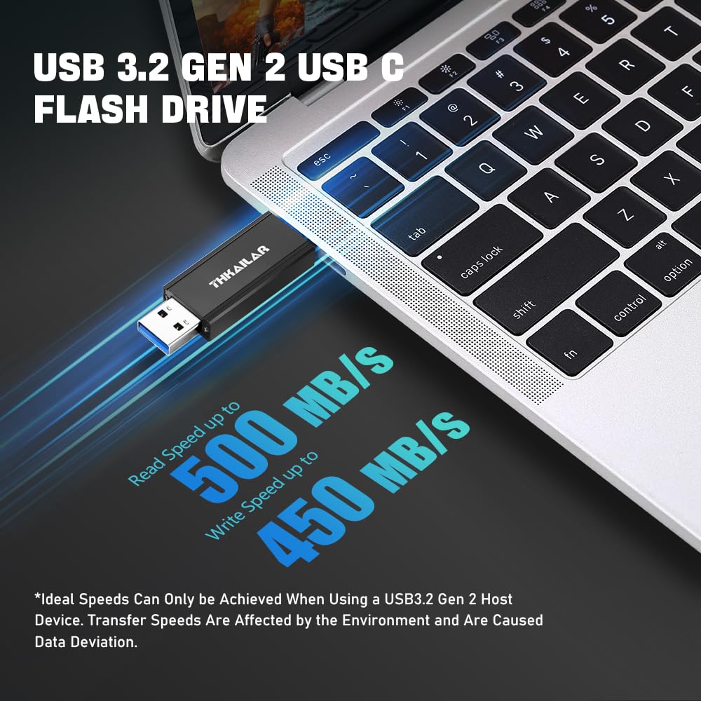 Thkailar Flash Drive 512Gb, 2 In 1 Usb A +Usb C Portable External Ssd 3.2 Gen 2 Solid State Up To 500Mb/S Thumb Drive Compatible