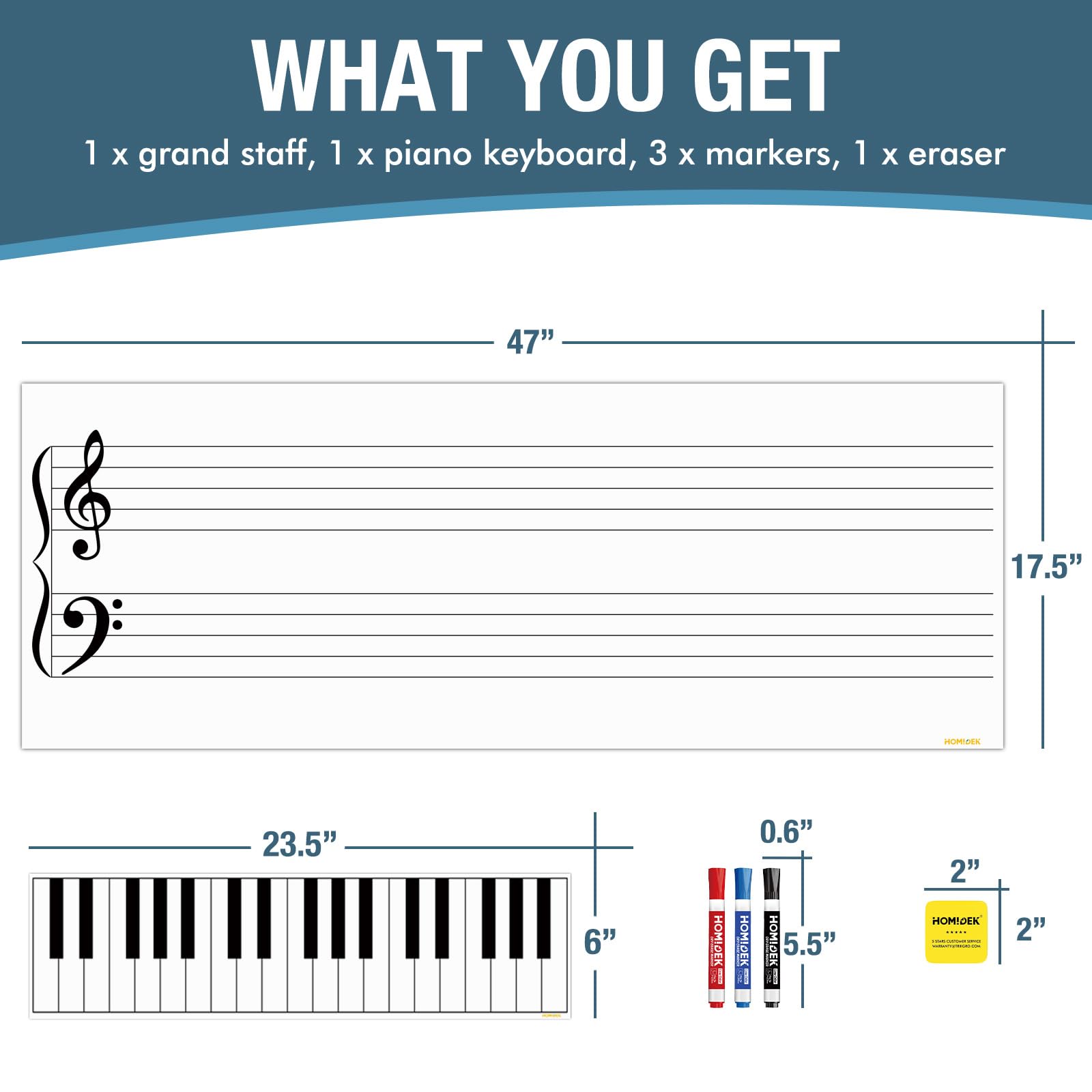 Homidek Large Magnetic Backing Dry Erase Music Staff Whiteboard Sheet, 47  X 17.5  Grand Staff Magnet With 23.5  X 6  Piano Keyb
