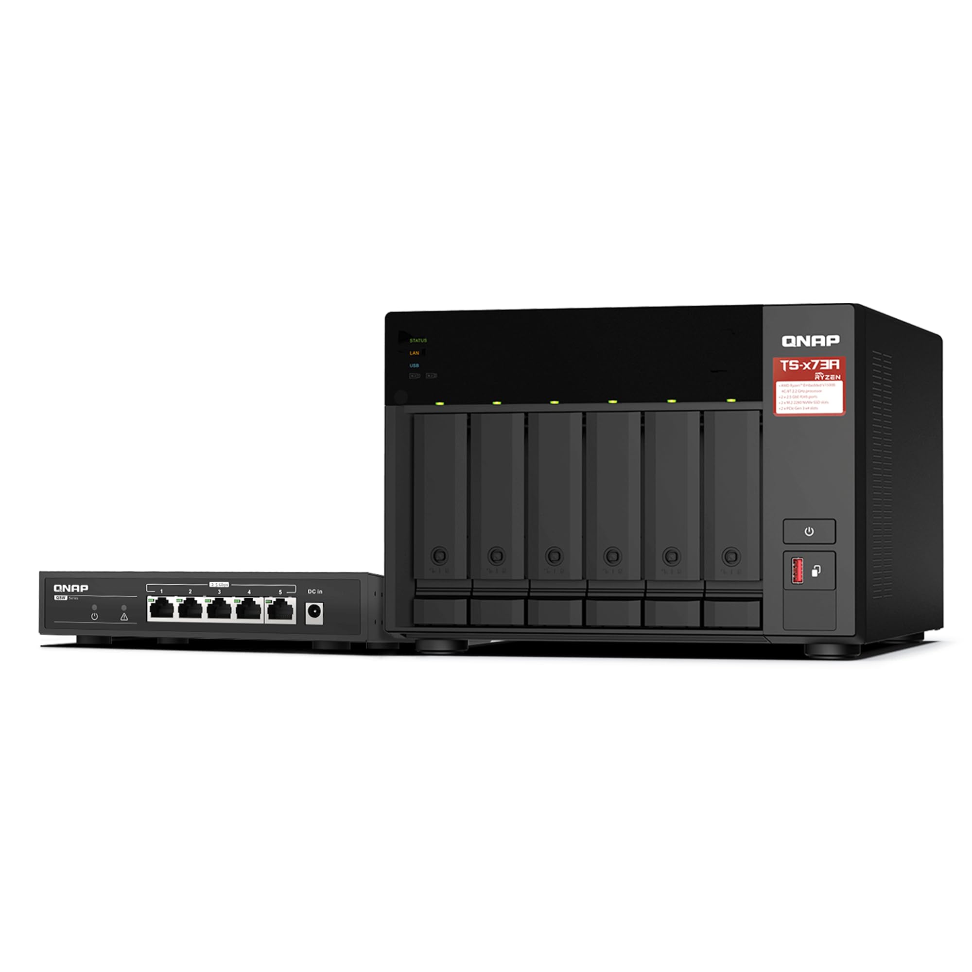 Qnap Ts 673A 6 Bay Amd Ryzen Quad Core 2.5Gbe Nas With Qsw 1105 5T 5 Port 2.5Gbe Unmanaged Switch