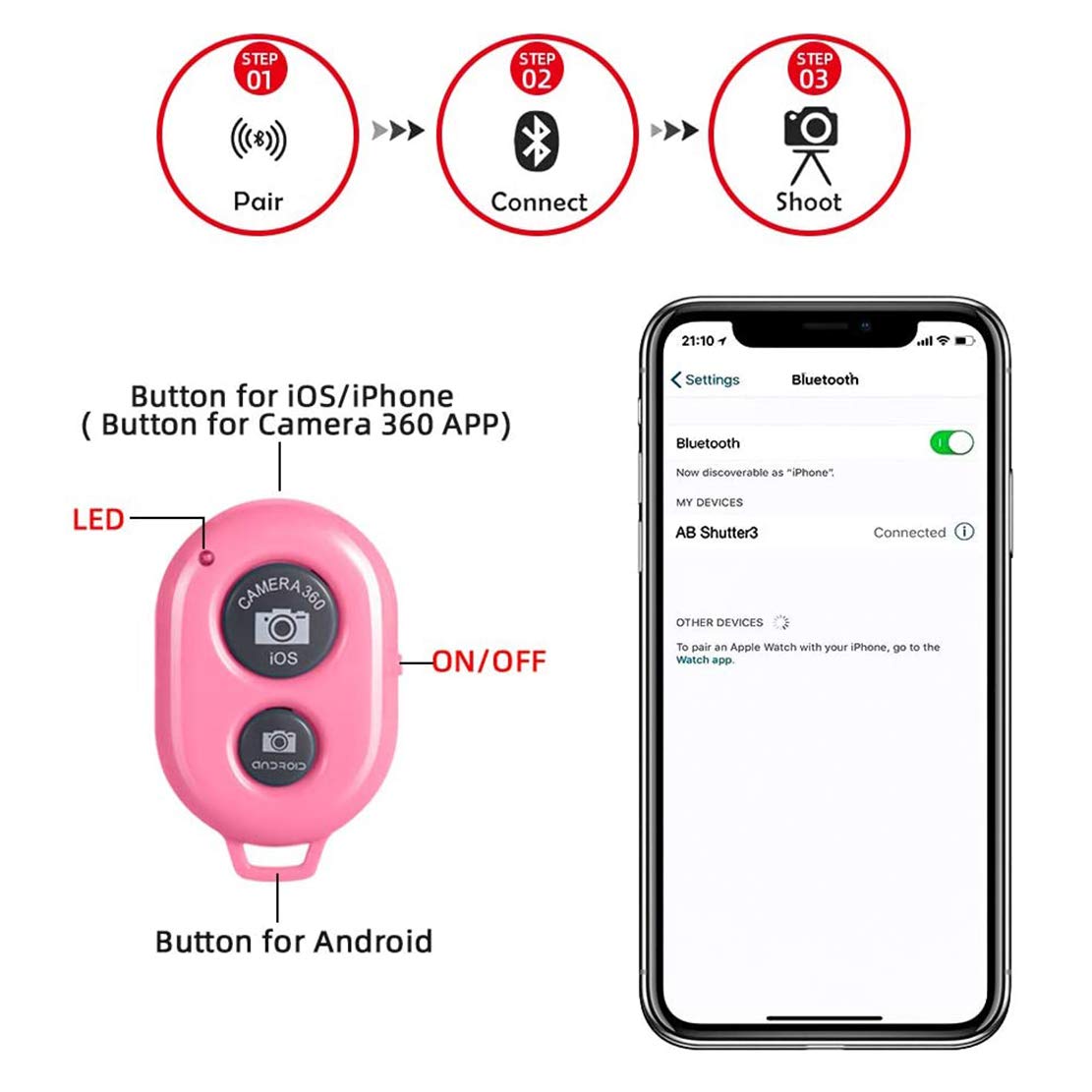 Wireless Camera Shutter Remote Control For Smart Phones  Compatible With Ios/Android (Pink+Green+White+Black)