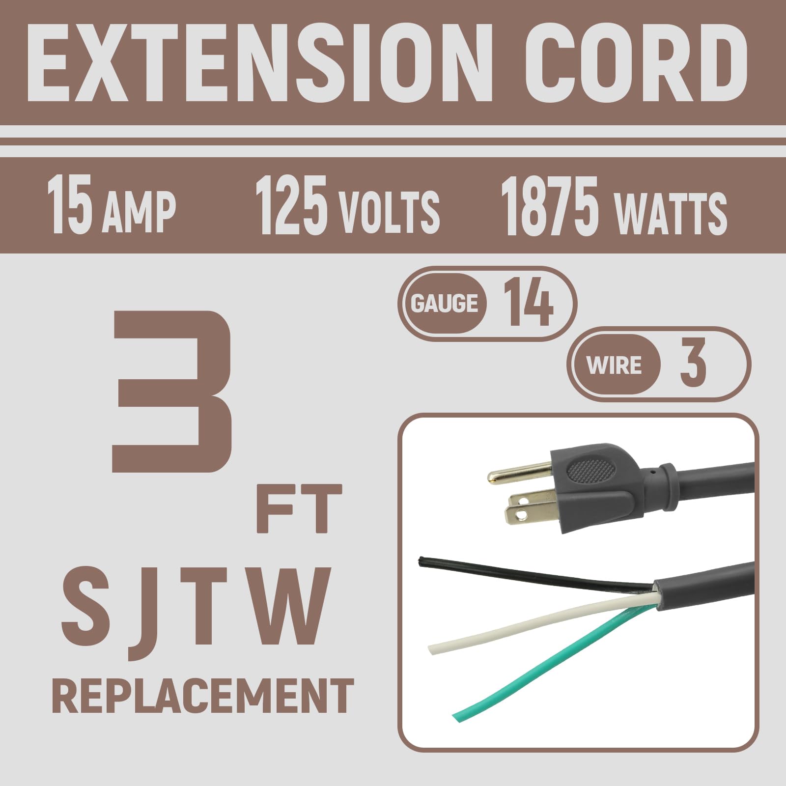 Greenprosper Industries Inc 3 Wire Appliance And Power Tool Cord, 3 Ft, 14 Awg, 15A/125V Ac, 1875W, Grey, 2Pack