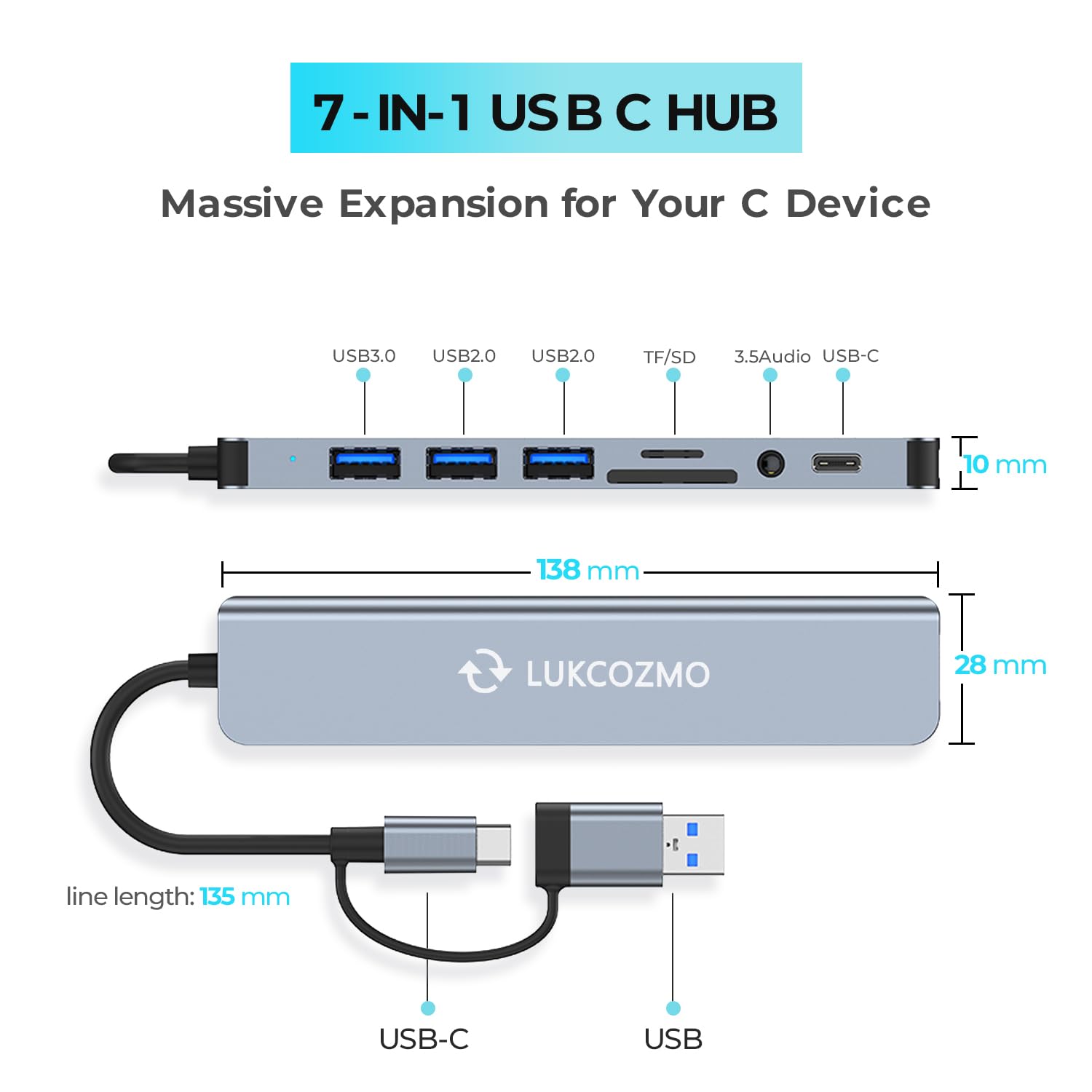 Lukcozmo Usb Hub Usb C Hub Usb Splitter 7 In 1 Usb Extender With 4 Usb Port 1 Usbc Port Tf/Sd Card Reader Audio Output Compatibl