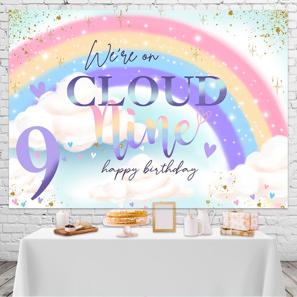Mocsicka On Cloud 9 Birthday Backdrop On Cloud 9 Birthday Decoration For Girls Cute Rainbow Cloud 9Th Girl Birthday Background P