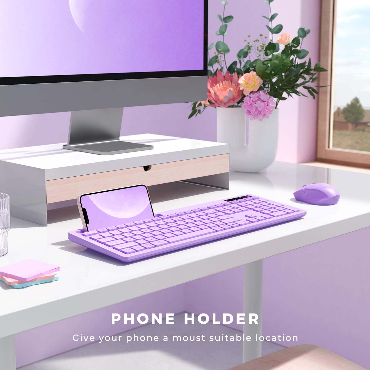 Purple Keyboard And Mouse Wireless, Vivefox Full Size Wireless Keyboard With Phone Holder Usb A & Type C Cute Keyboard And Mouse
