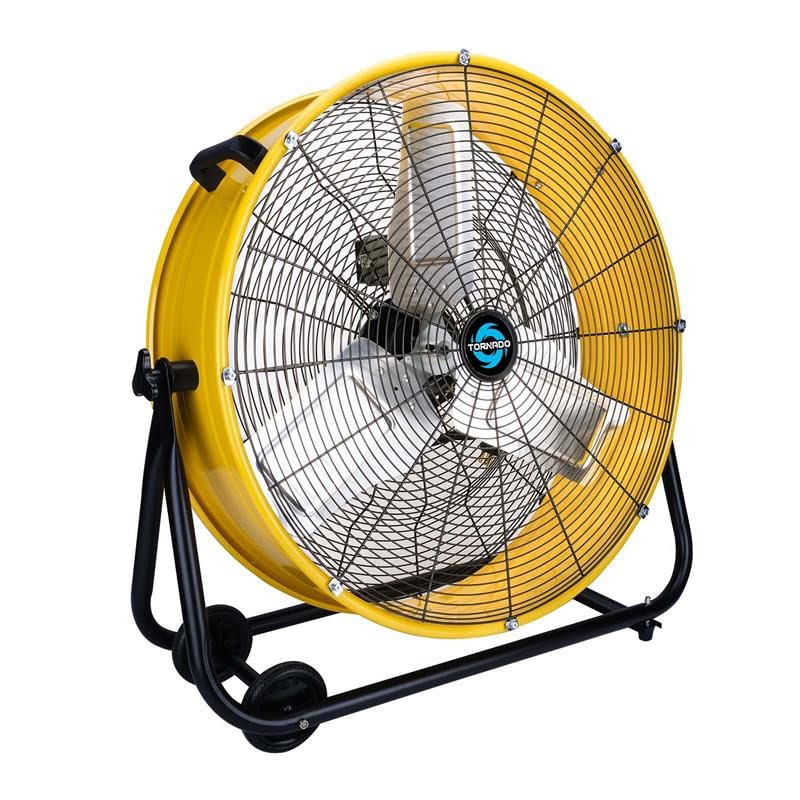 Tornado   24 Inch High Velocity Heavy Duty Tilt Metal Drum Fan Yellow Commercial, Industrial Use 3 Speed 8540 Cfm 1/3 Hp 8 Ft Co