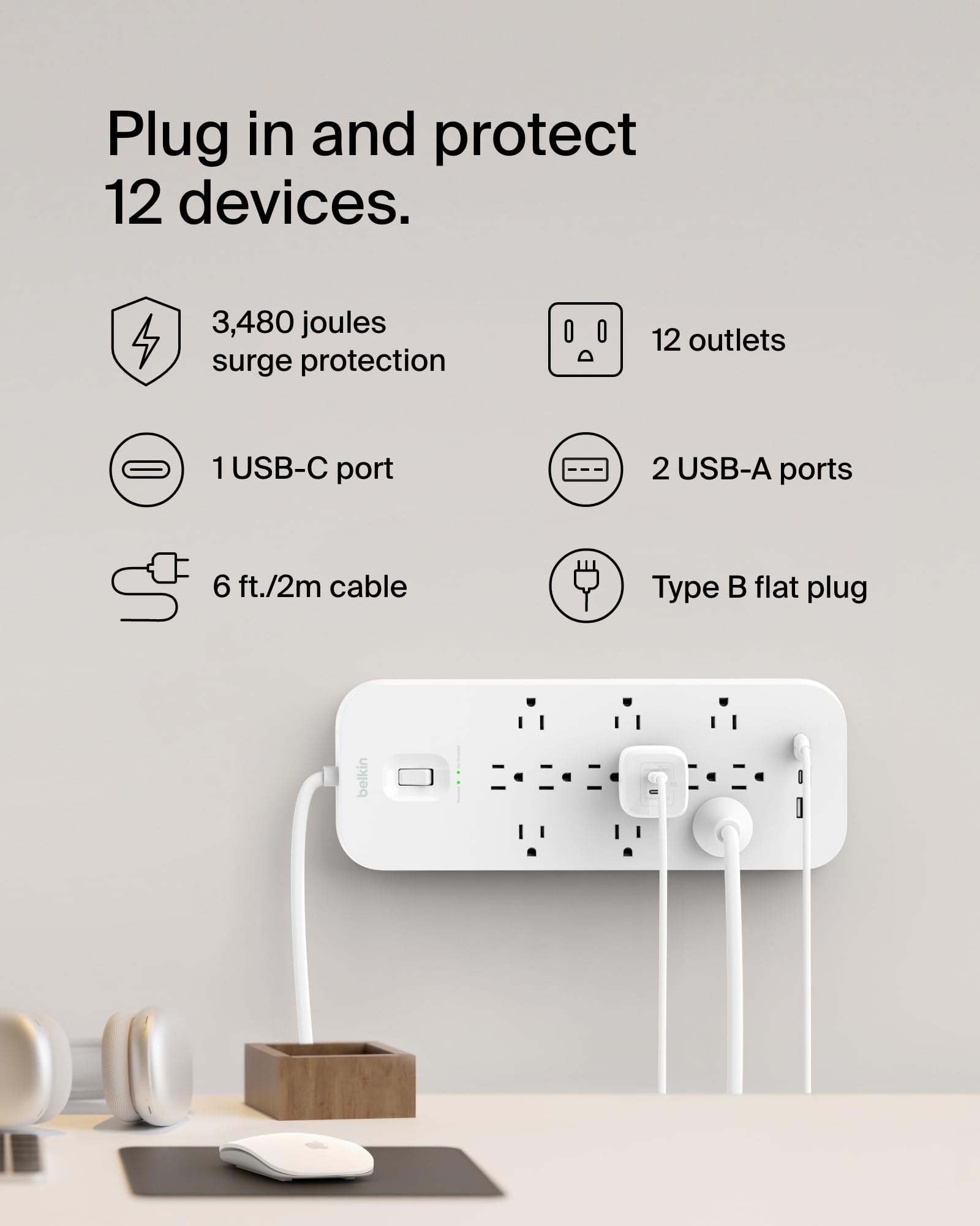 12 Outlet 6  Cord Usb A C