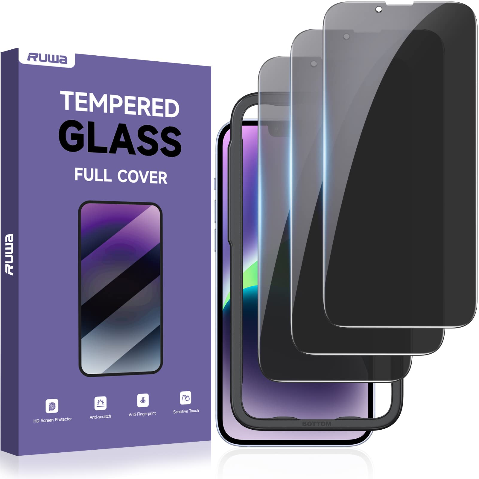 Privacy Screen Protector For Iphone 13/13 Pro/14 [3 Pack][6.1 Inch] Display Tempered Glass Film With Easy Installation Frame, Ul