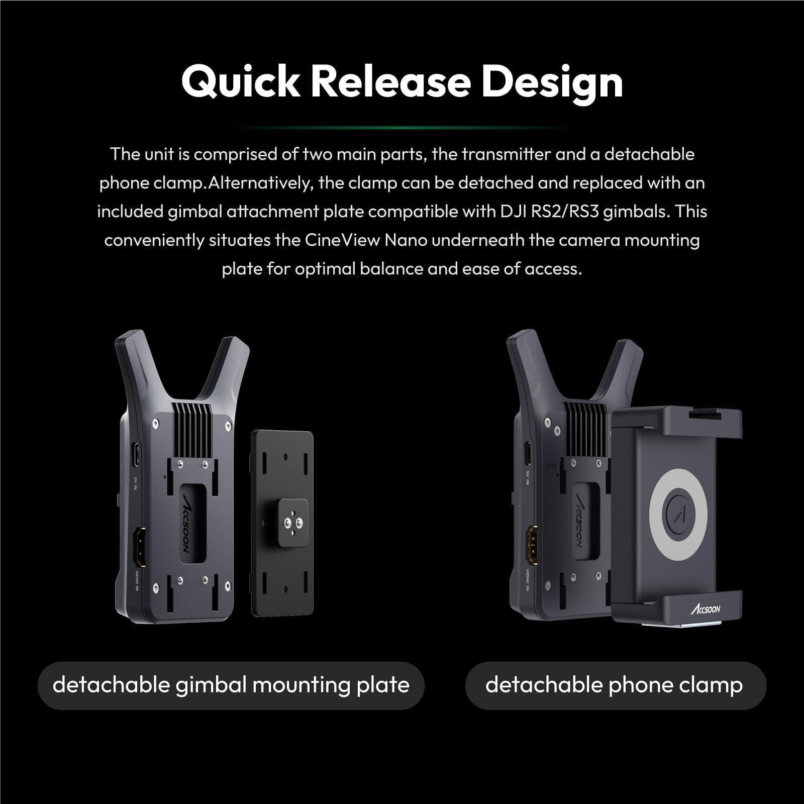 Accsoon Mini Cineview Nano Wireless Video Transmitter, 5G Hdmi Wireless Video Transmission System For Dslr, Dji Rs2/Rs3/Rs3 Pro Gimbal/Switch, 500 Ft &0.06 S Low Latency, 4 App Real Time Monitoring