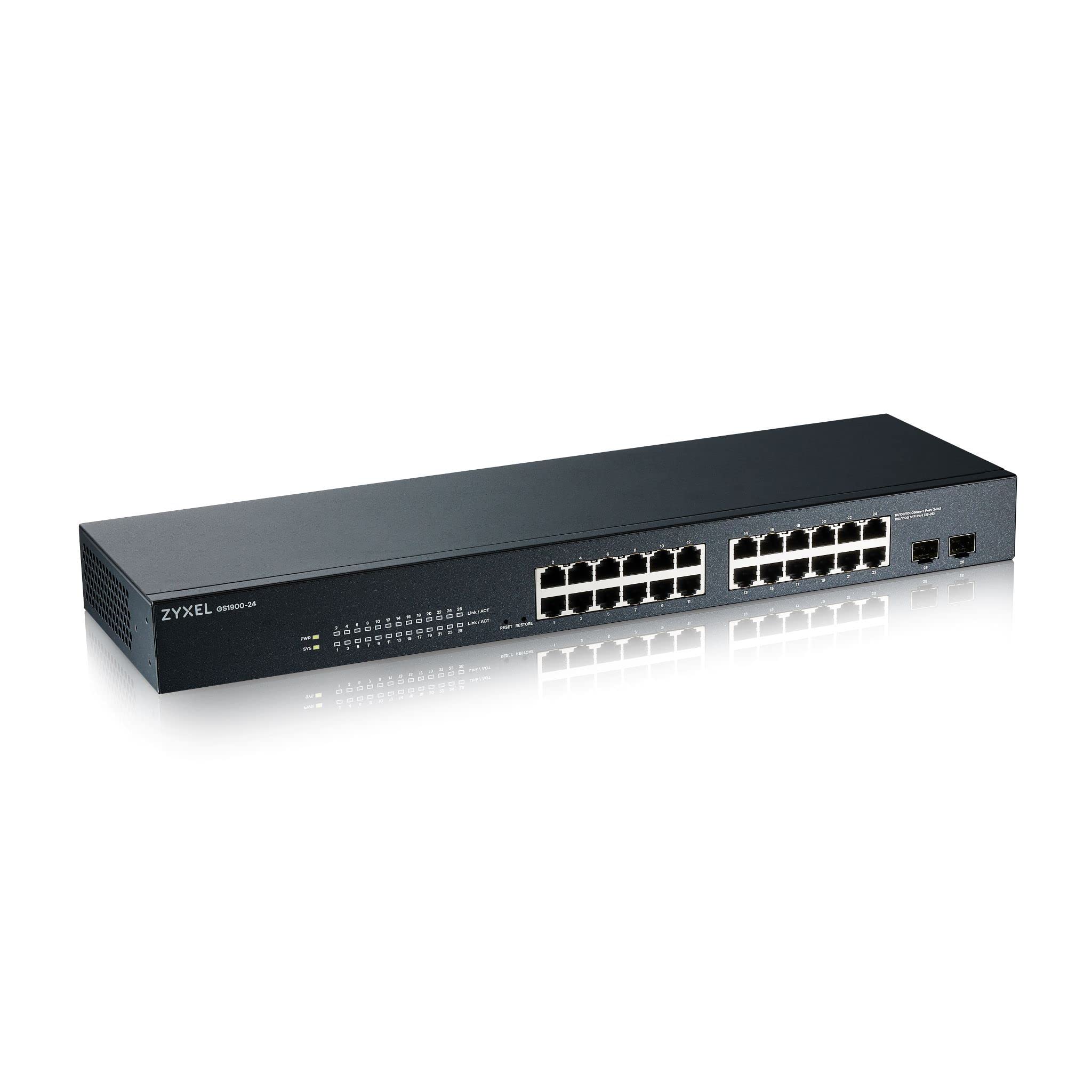 Zyxel 24 Port Gigabit Ethernet Smart Managed Rackmount Switch   Fanless Design [Gs1900 24]