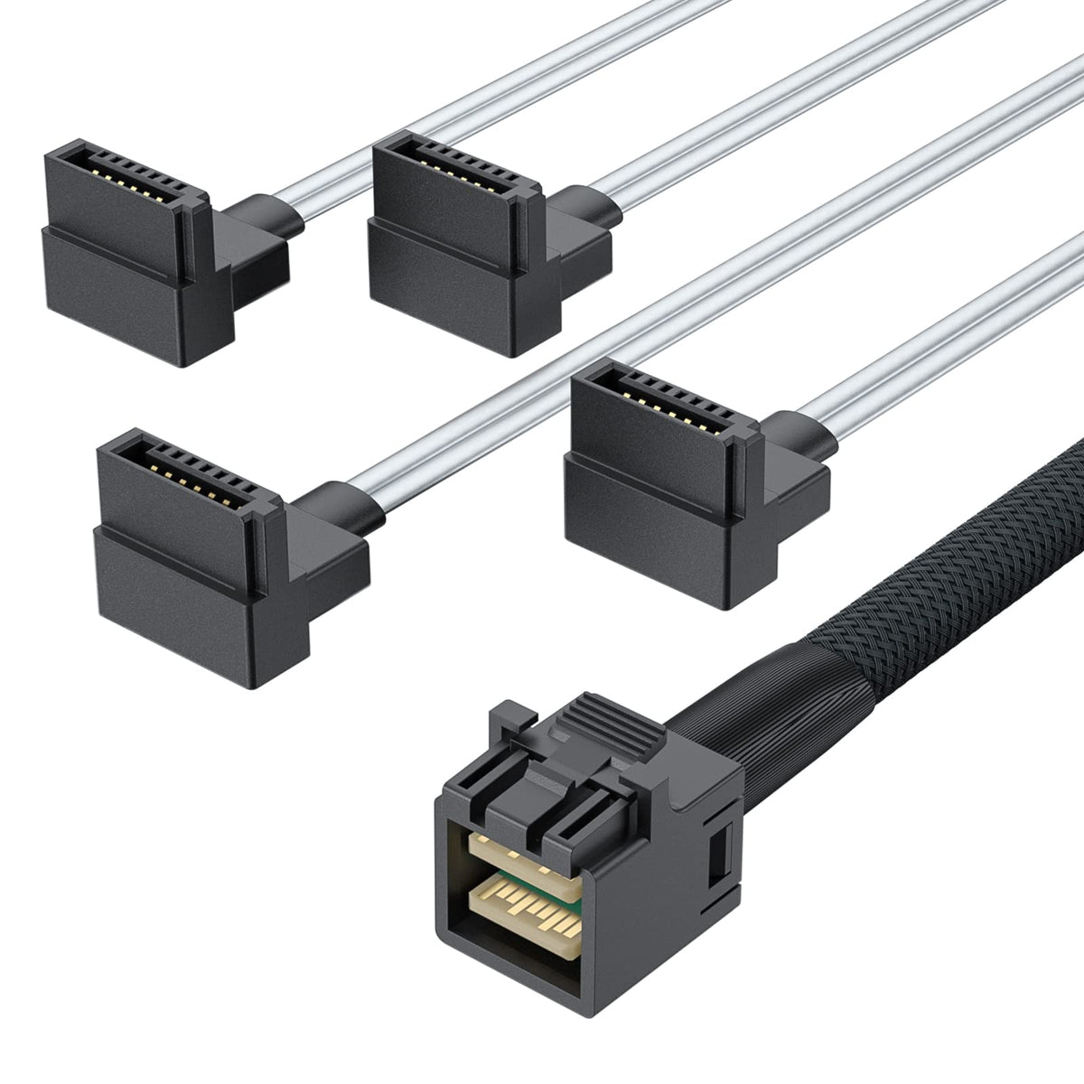 10Gtek# 6G Internal Minisas Hd Sff 8643 To 4X Sata 7Pin Hard Disk Data Server Raid Cable, Straight To Right Angle, 0.5 M