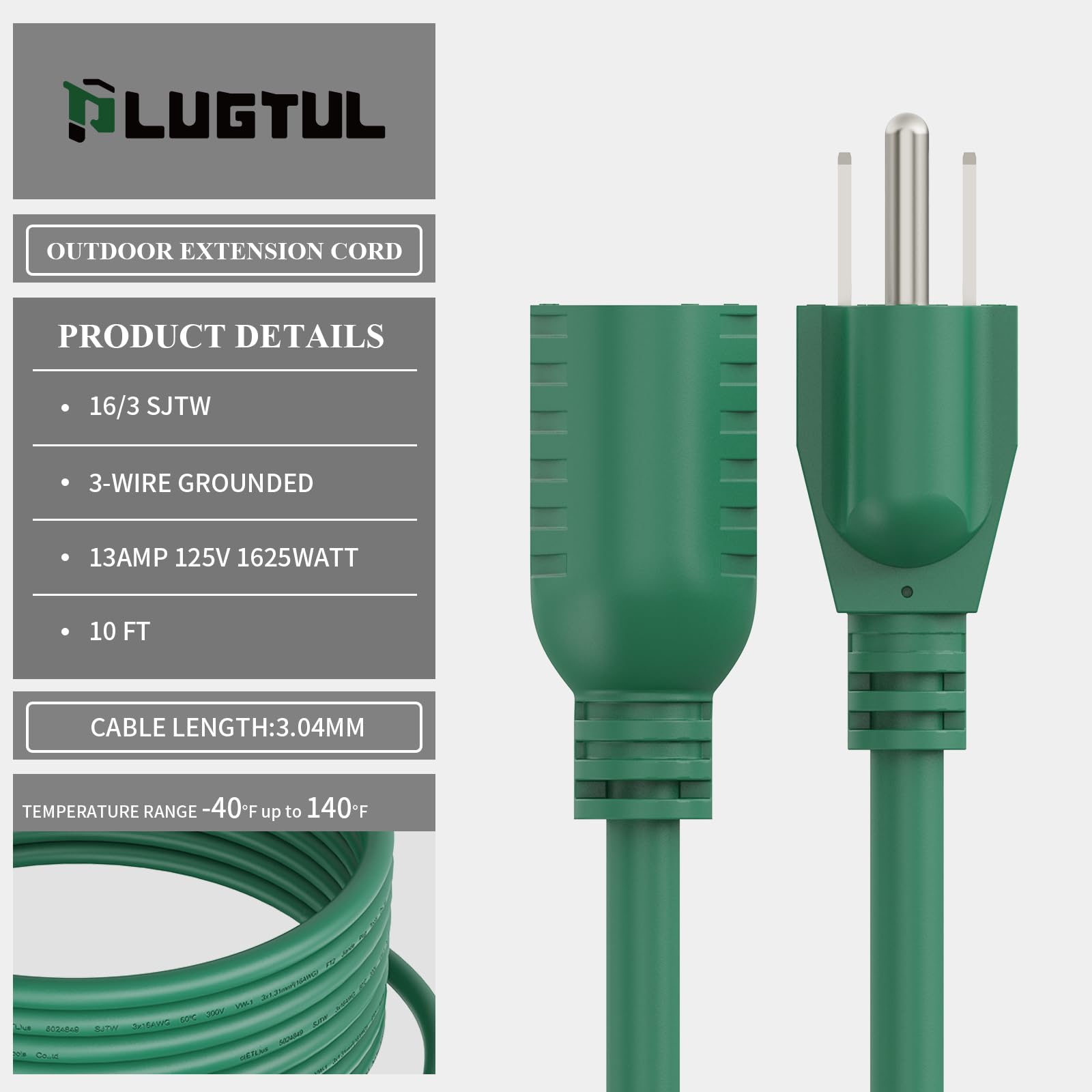 Plugtul 2 Pack 10Ft Outdoor Extension Cord Waterproof 16/3 Green Heavy Duty 3 Prong Extension Cord, 13A 1625W Sjtw, Etl Listed,