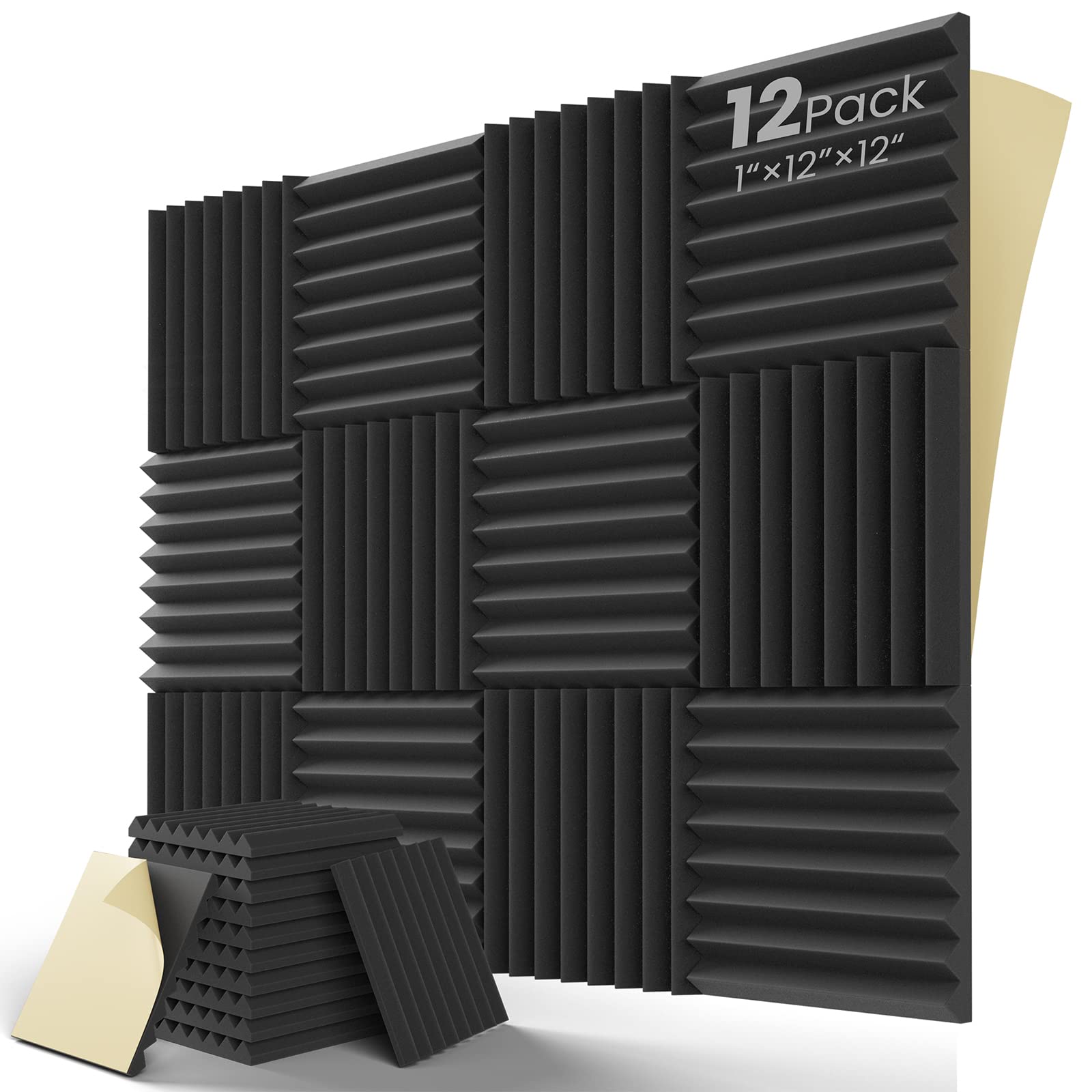 Leiyer Upgrade 12 Pack Sound Proof Foam Panels With Self Adhesive, 1'' X 12'' X 12'' Acoustic Panels Quick Recovery, Acoustic Fo