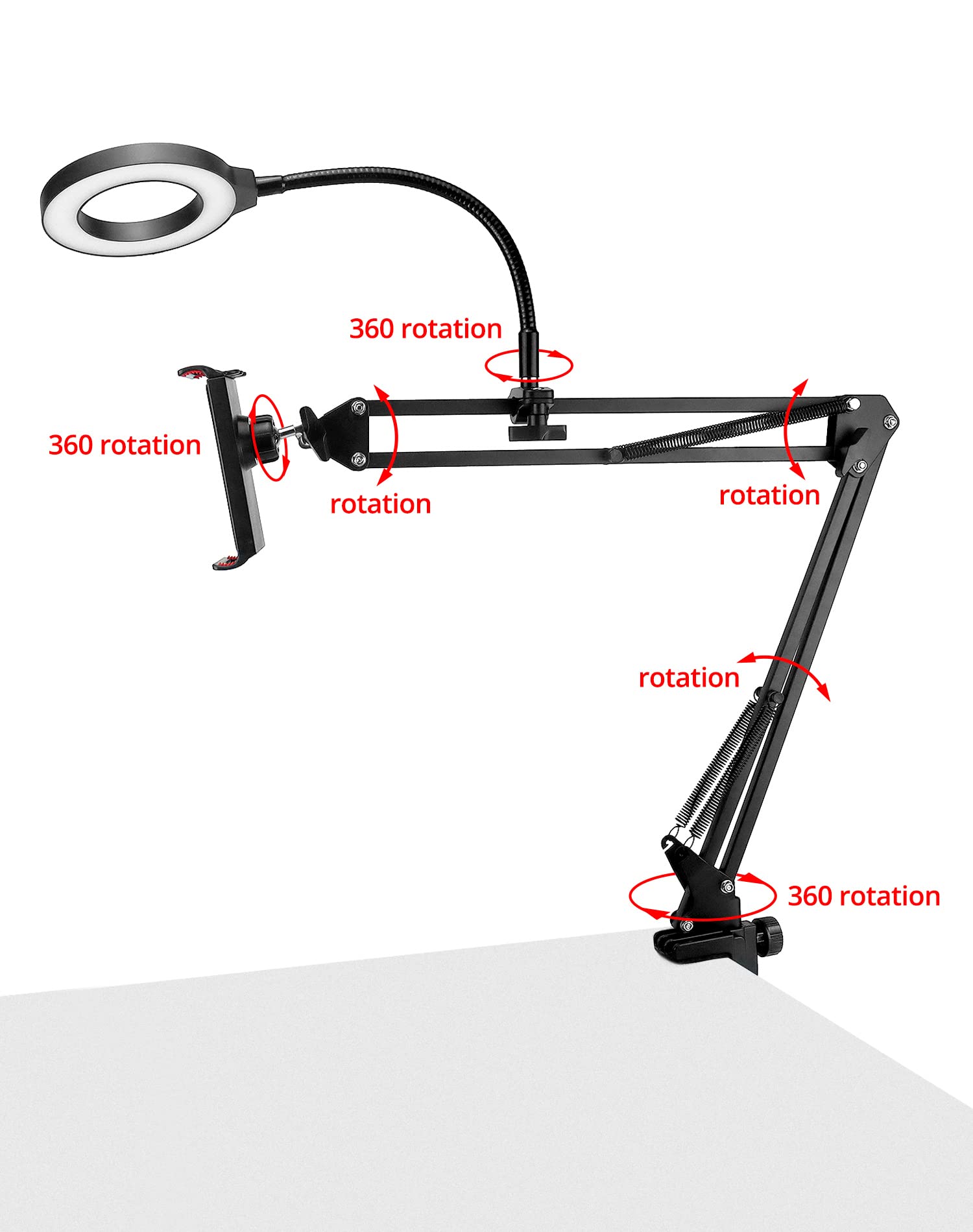 Qwork Overhead Camera Mount, Phone Mount With Ring Light, Flexible Articulating Phone Arm Stand, Phone Holder Stand, Phones Moun