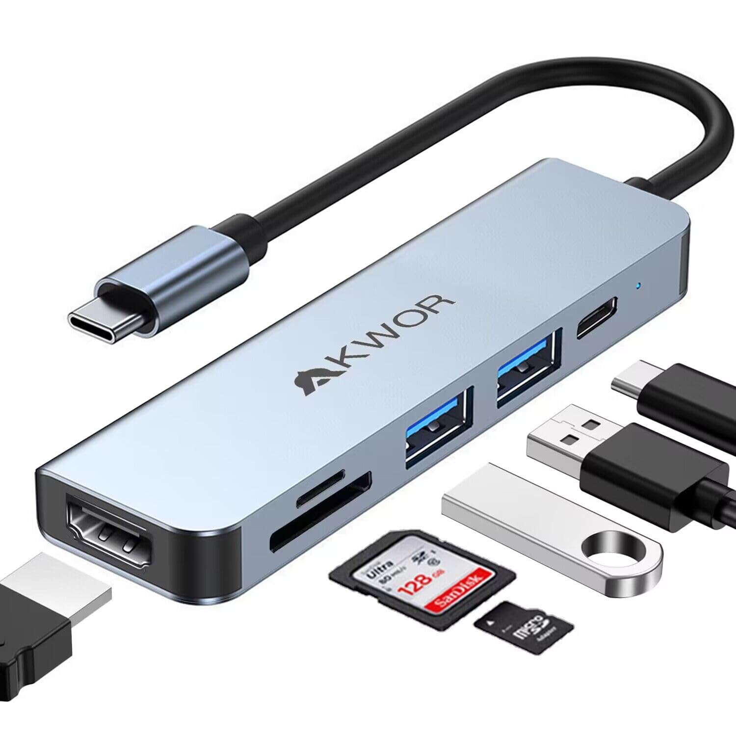 Akwor Usb C To Hdmi Adapter, 6 In 1 Usb C Hub With 4K Hdmi, Usb C Sd/Tf Card Reader,100W Pd, Usb 3.0 Extender, Usb C To Hdmi For