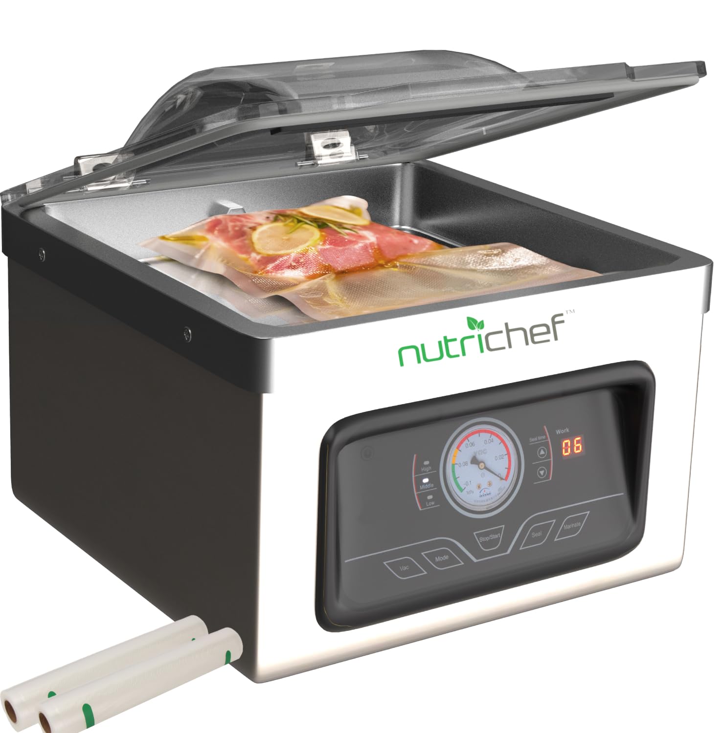 NutriChef 350W Chamber Vacuum Sealing Machine - Automatic 8L Sealer System with Digital Controls, Airtight Bags for Food Preserv