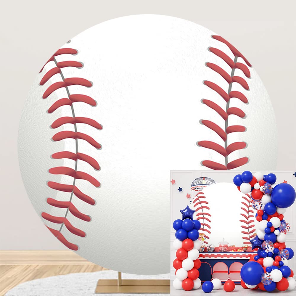 Leyiyi 7.2X7.2Ft Baseball Birthday Round Backdrop Cover Polyester Sports Baseball For Boys Kids Birthday Party Red White Photogr
