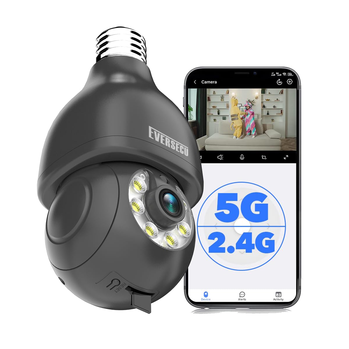 Eversecu 2K Hd Lightbulb Security Camera, Wireless 2.4G&5Ghz Wifi, Outdoor&Indoor, Rtsp Stream, Work With Alexa, 360 View, Auto