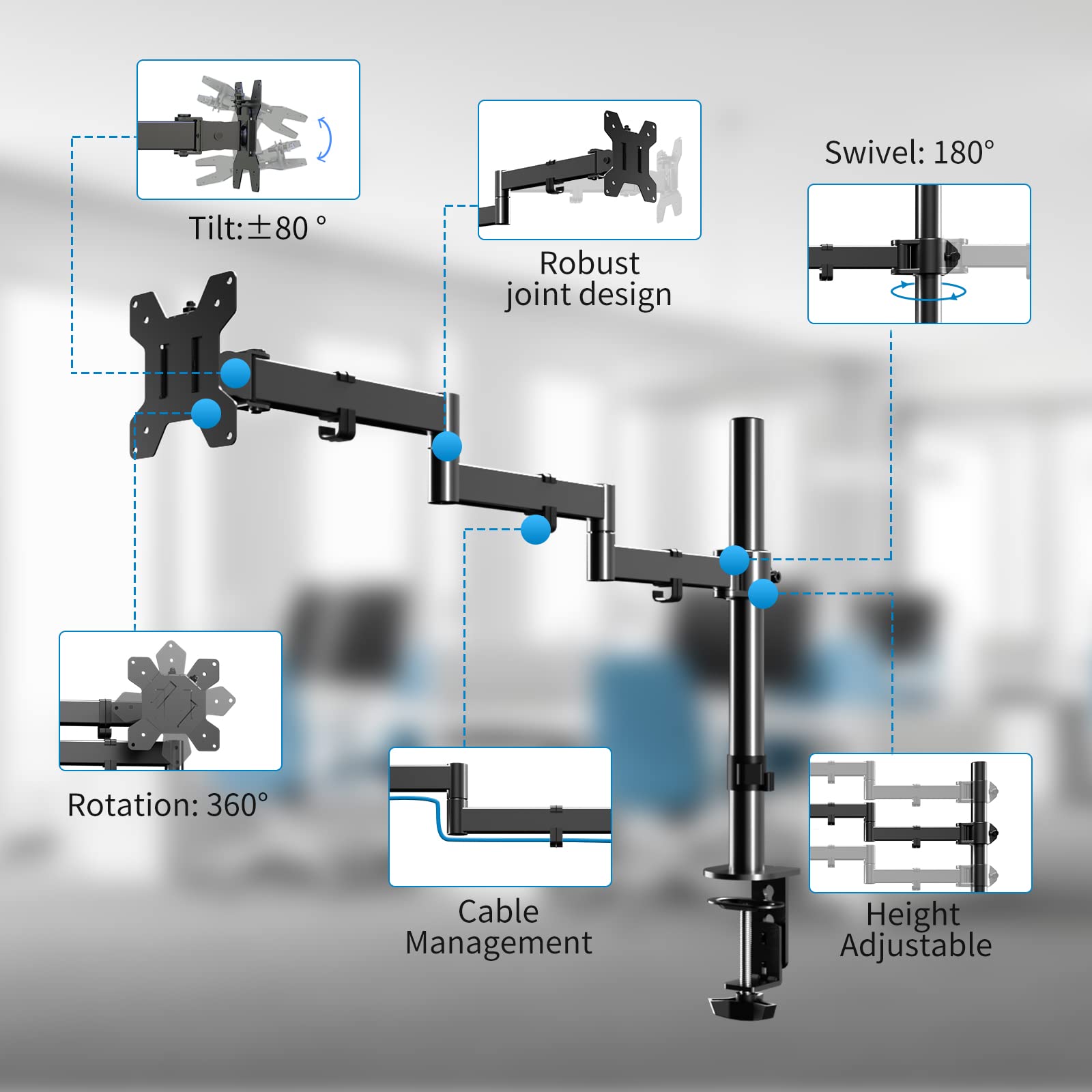 Single Long Monitor Stand, 13 To 32 Inch Computer Monitor Desk Mount, Extra Long Adjustable Monitor Arm, Vesa Stand For 1 Screen
