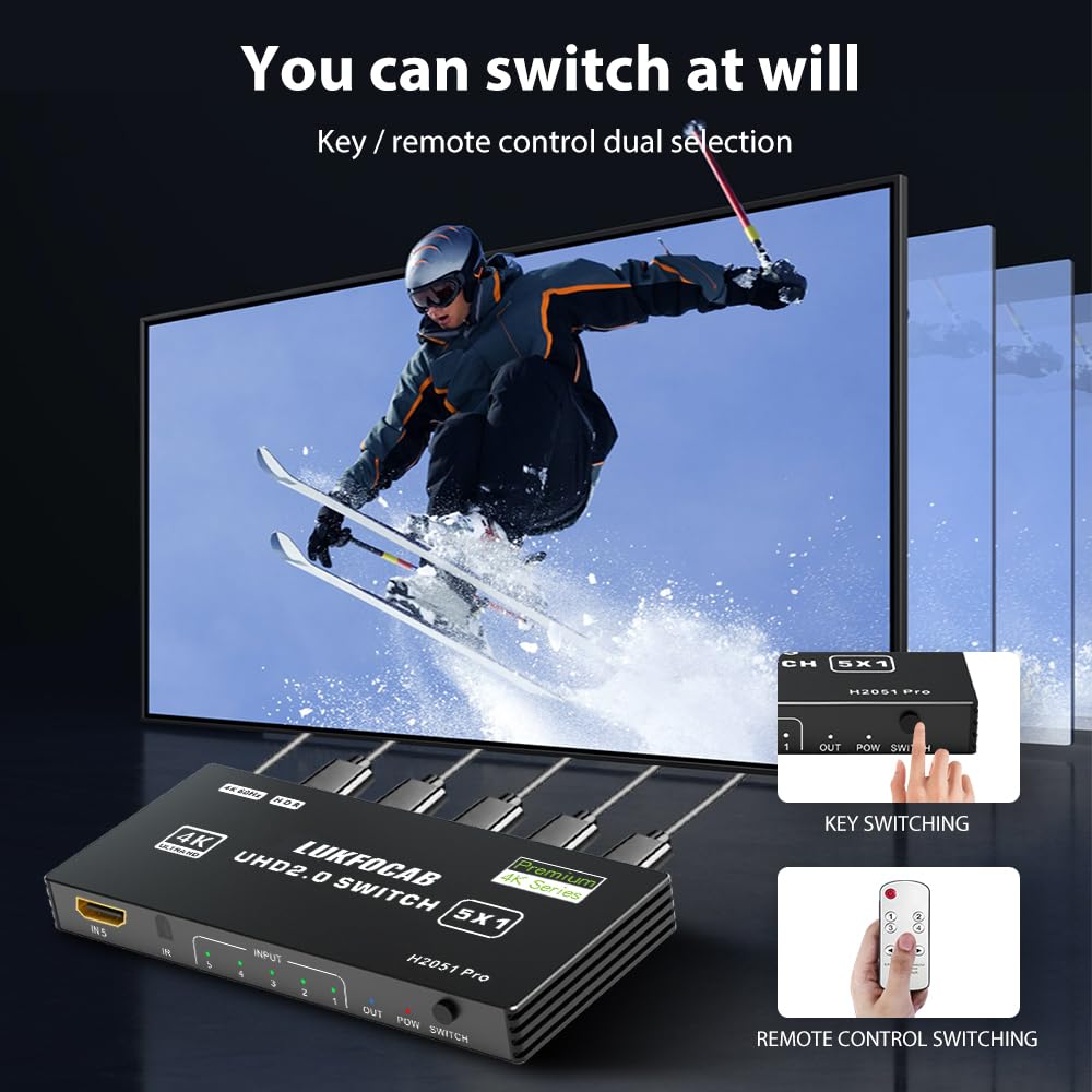 Hdmi 2.0 Switch 5 In 1 Out 4K@60Hz, 5 Port Hdmi Switch Selector With Ir Remote Control, Hdmi Switcher 5X1 Supports 3D Hdr Hdcp2.
