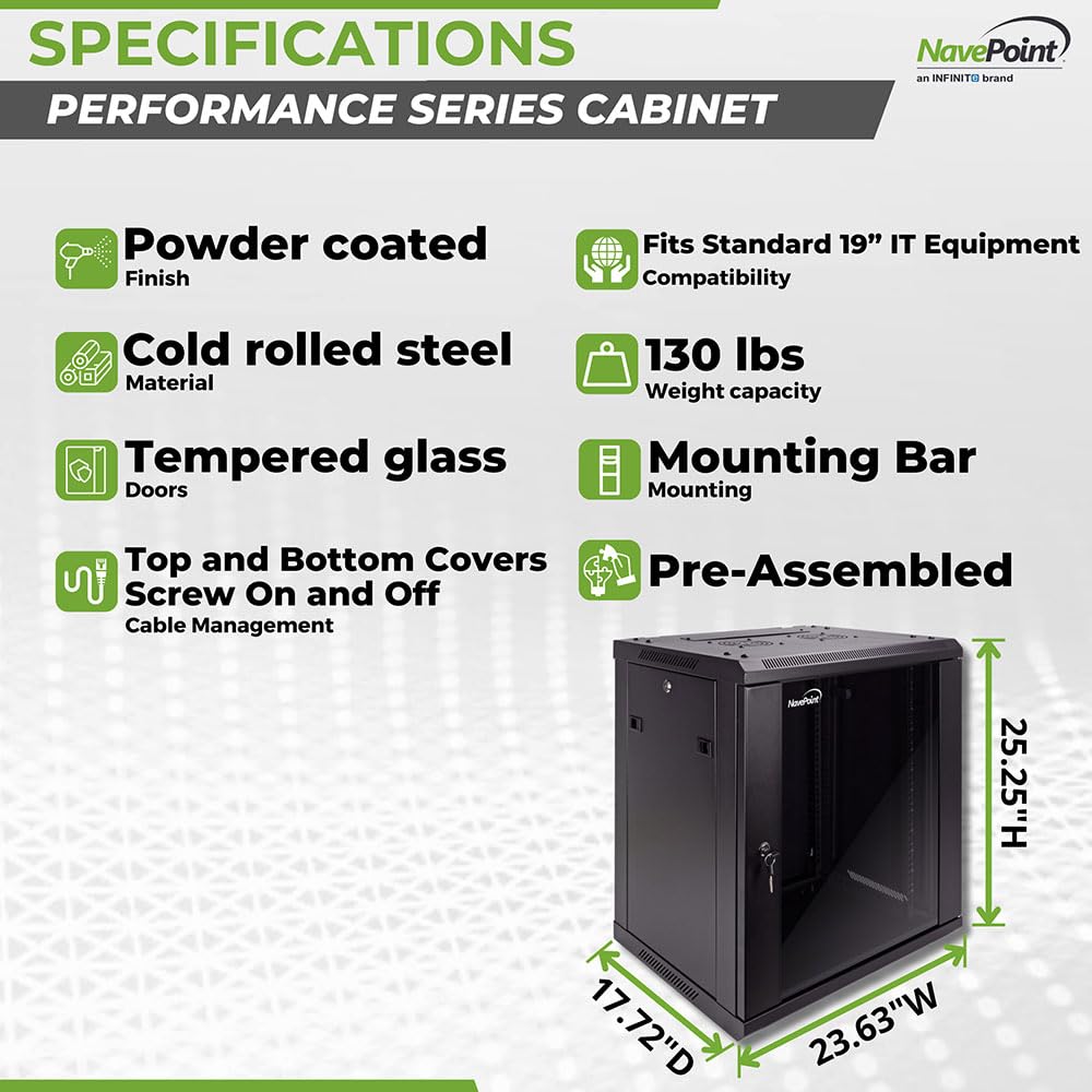 Navepoint 12U Server Cabinet Wall Mount Rack Enclosure Includes 2 Fans, Locking Glass Door, Removable Side Panels   12U Network