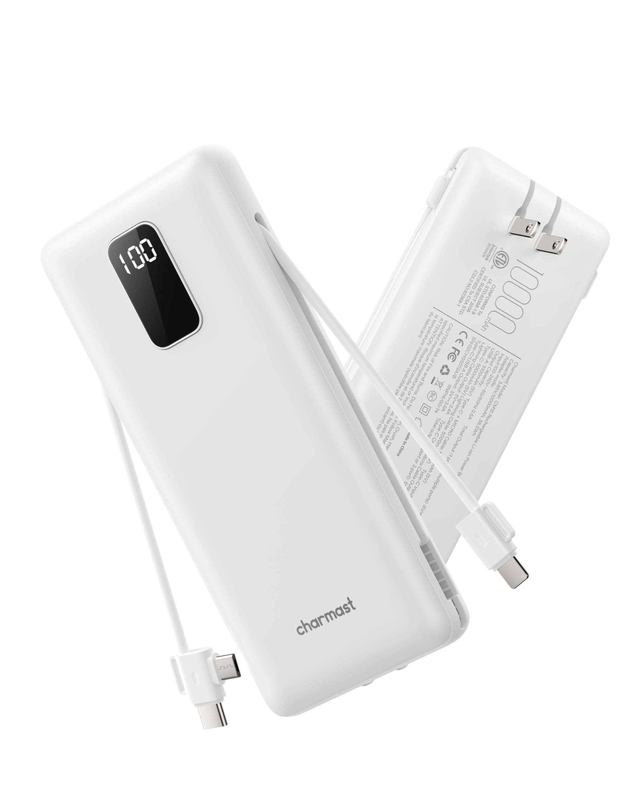 charmast 10000mAh Portable Charger with Builtin Cables and AC Wall Plug