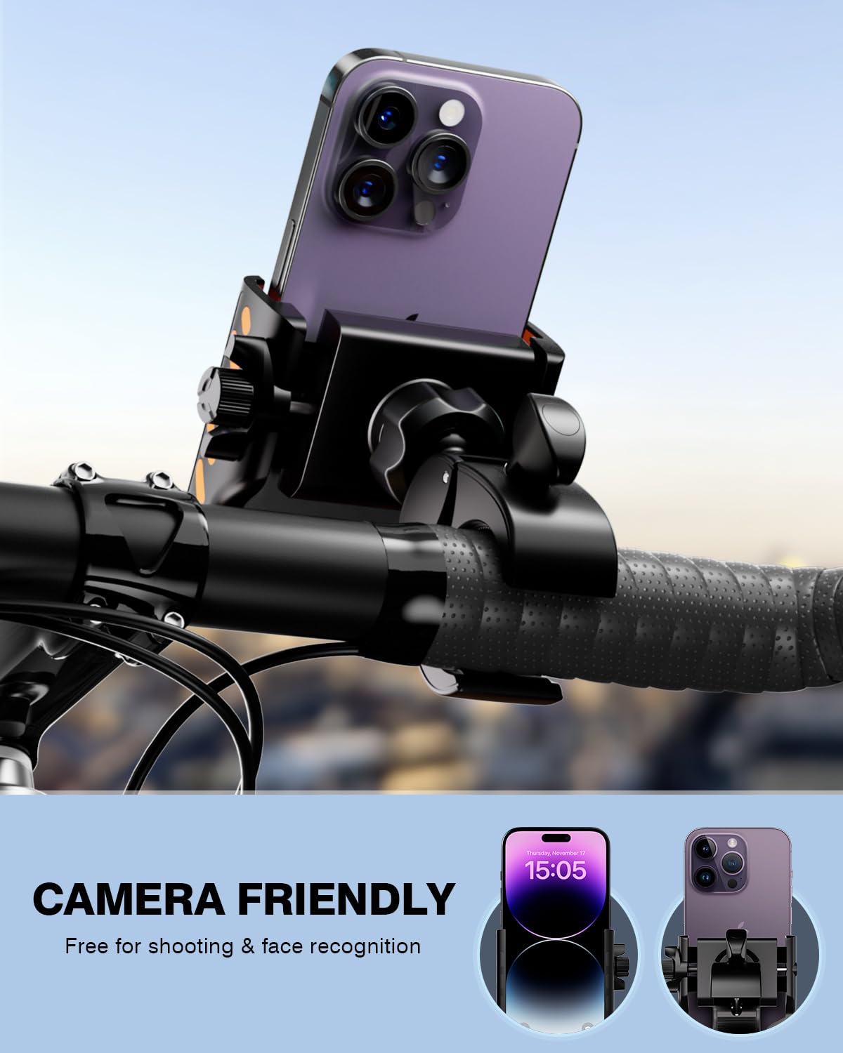 Gmaii Bike Phone Holder, [No Block Camera] Motorcycle Phone Mount, [Quick Release] Silicone Wrapped & 360 Rotate Handlebar Clamp