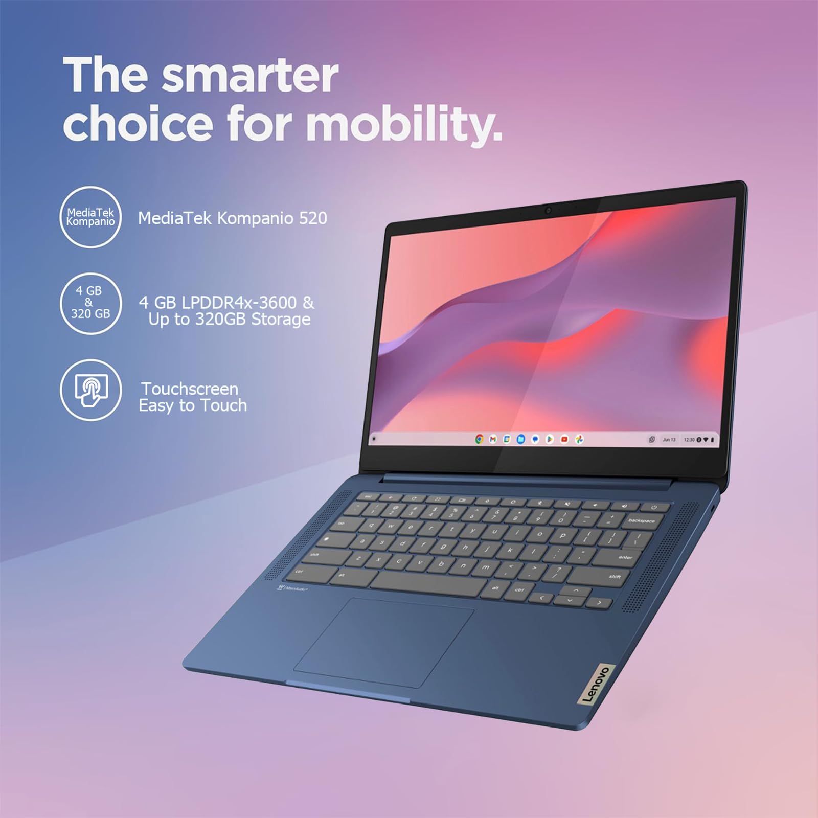 Lenovo Ideapad Slim 3 Chromebook Laptop, 14 Fhd Touchscreen Laptop, Mediatek Kompanio 520, 4Gb Ram, 64Gb Emmc, Wi-Fi 6, Chrome O