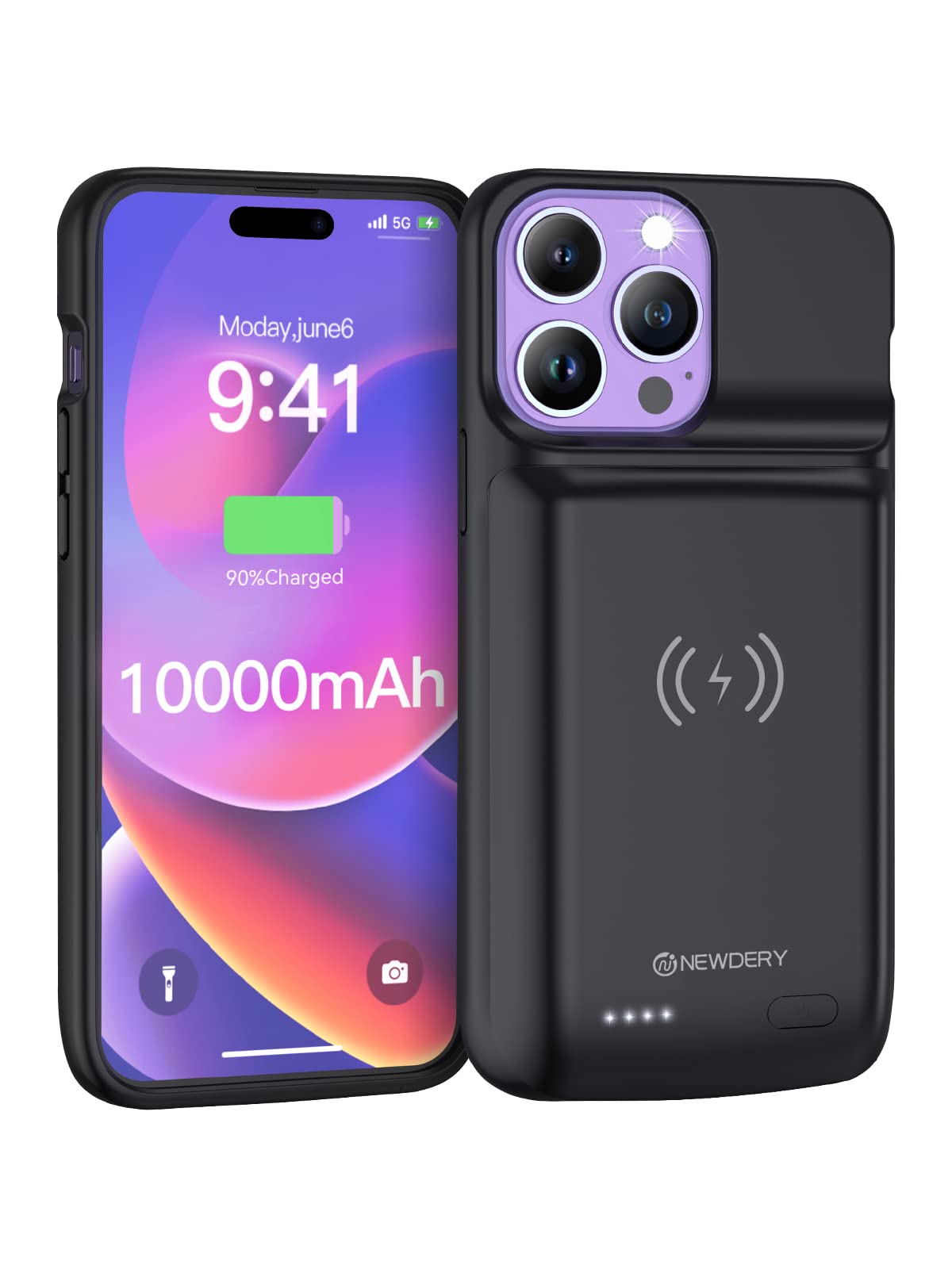 Newdery Battery Case For Iphone 14 Pro Max,14 Plus 10000Mah,Qi Wireless Charging,Wired Headset,Sync Data Supported, Rechargeable